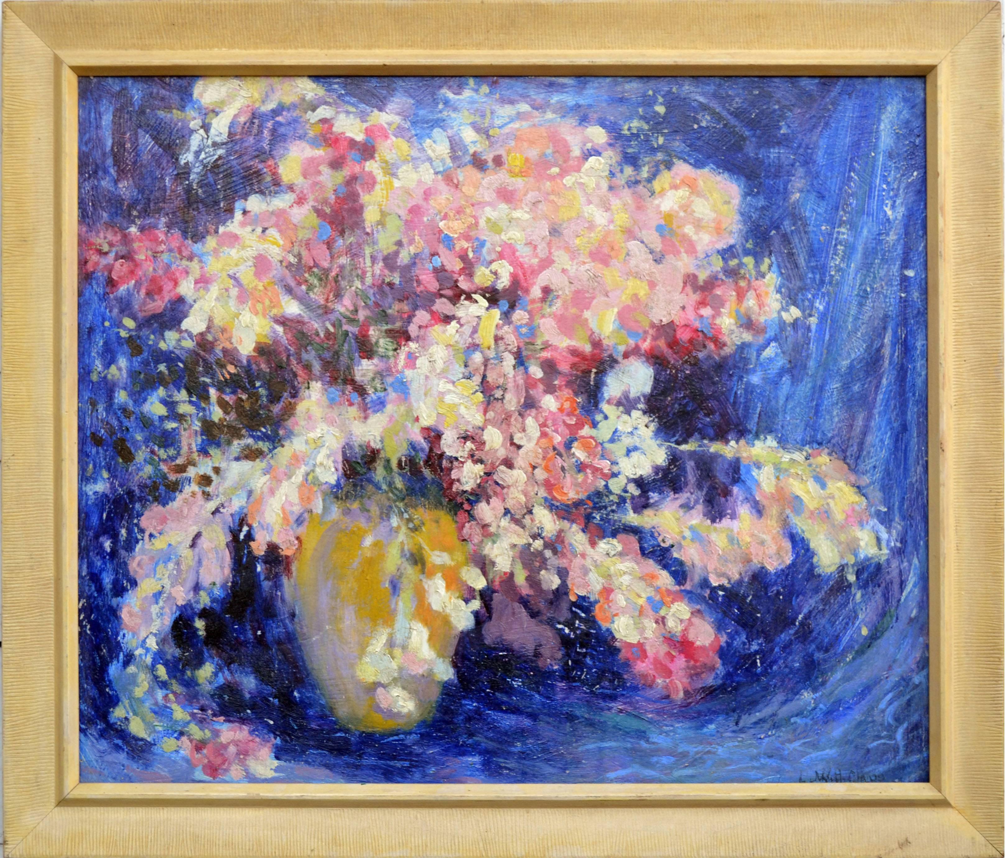 Nature morte florale impressionniste rose et bleue des années 1920 - Société de six travaux anciens 