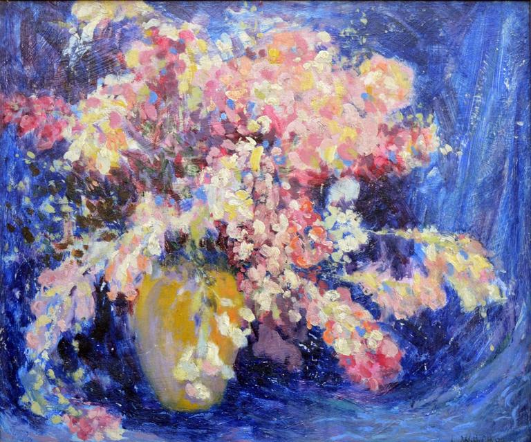1920's Pink & Blue Impressionist Floral Still-Life  - Painting by William Clapp