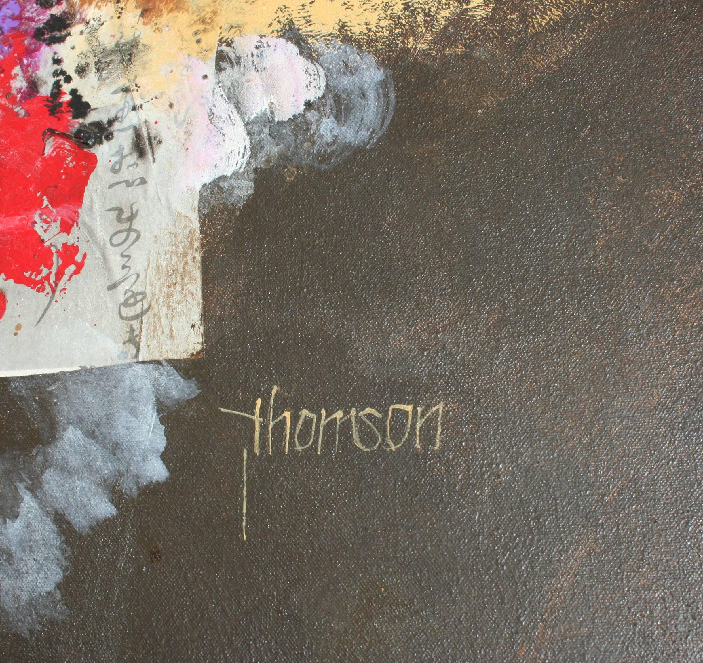 Oil, paper, ink and collage all come together in this painting entitled 