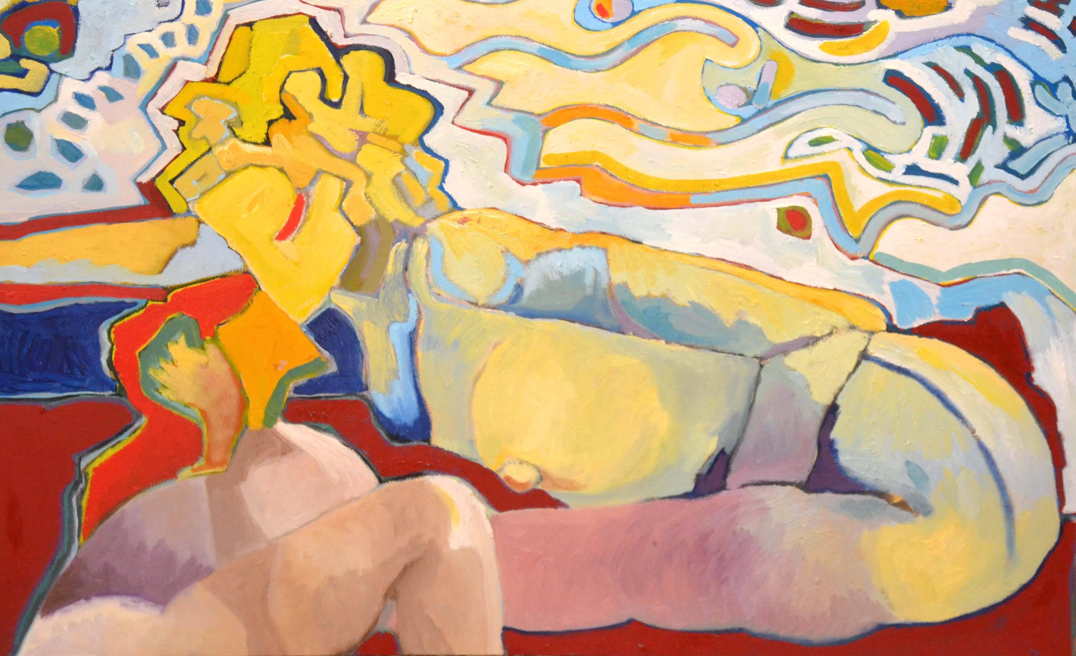 S'appuyant vers l'avant, abstrait figuratif contemporain aux couleurs primaires - Painting de Michael Eggleston