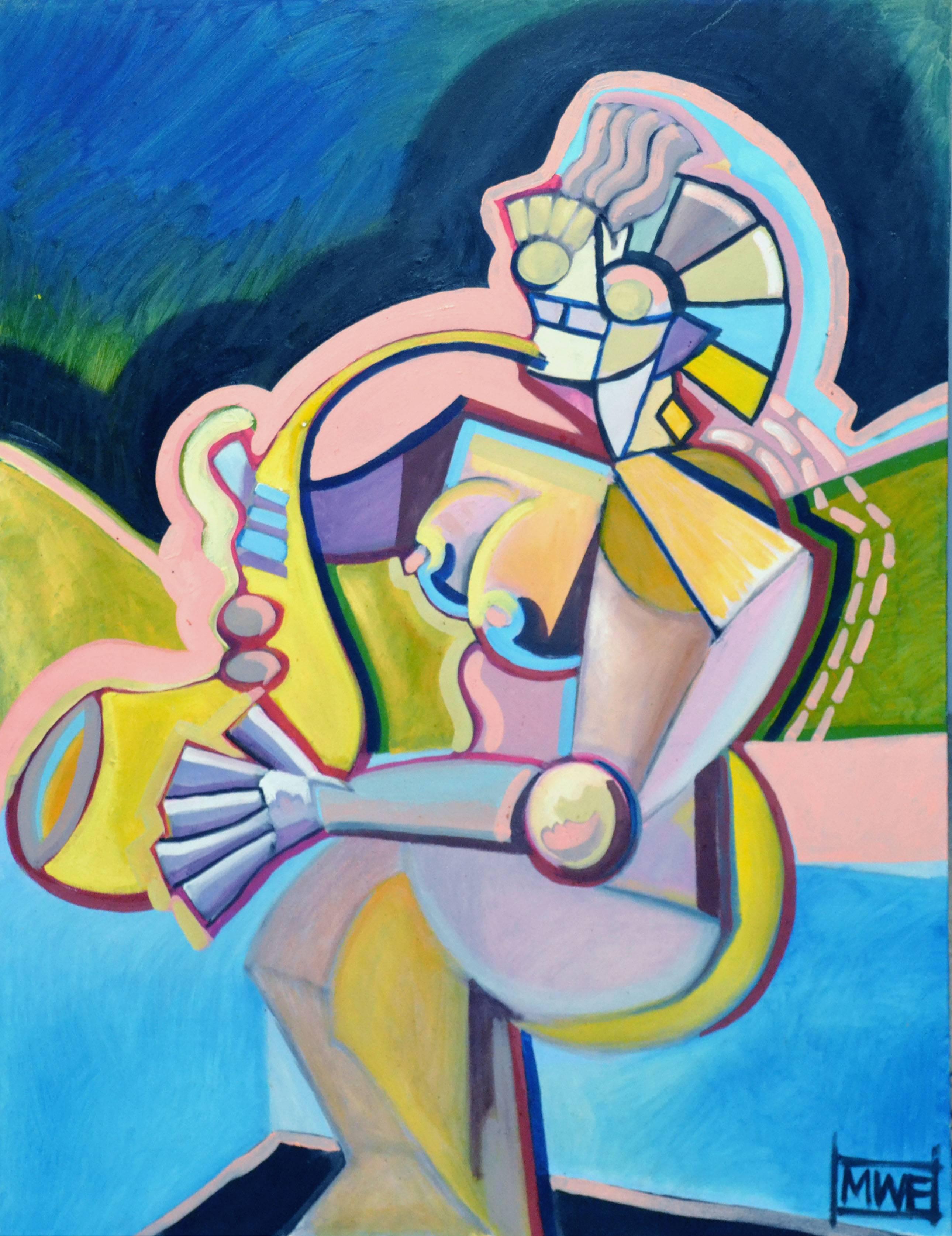 Contemporary Cubist Figurative Abstract with Saxophone 