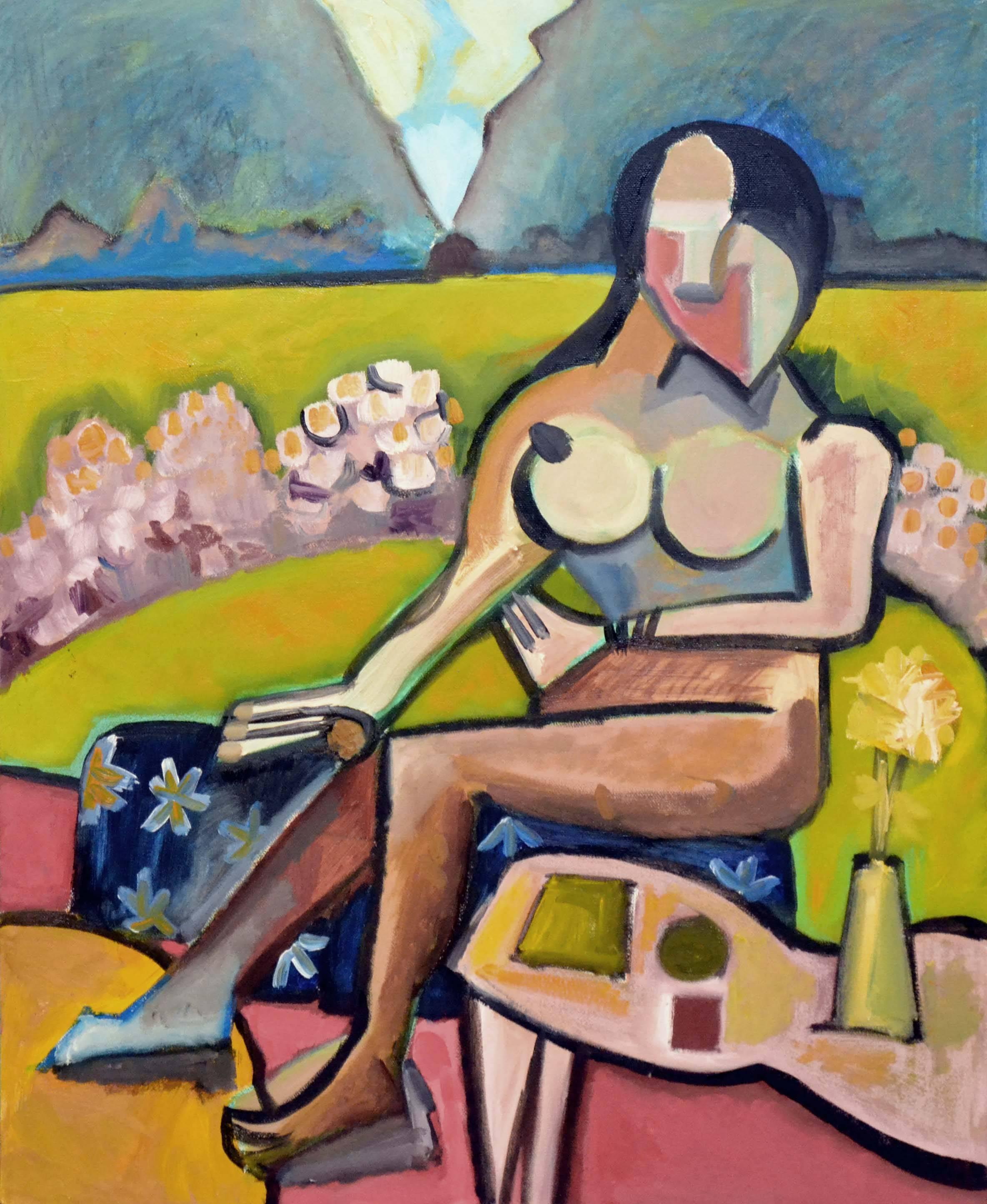 Michael Eggleston Landscape Painting - Contemporary Cubist Figurative Landscape, Modernist Nude in the Garden