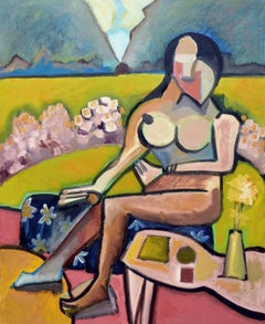 Contemporary Cubist Figurative Landscape, Modernist Nude in the Garden