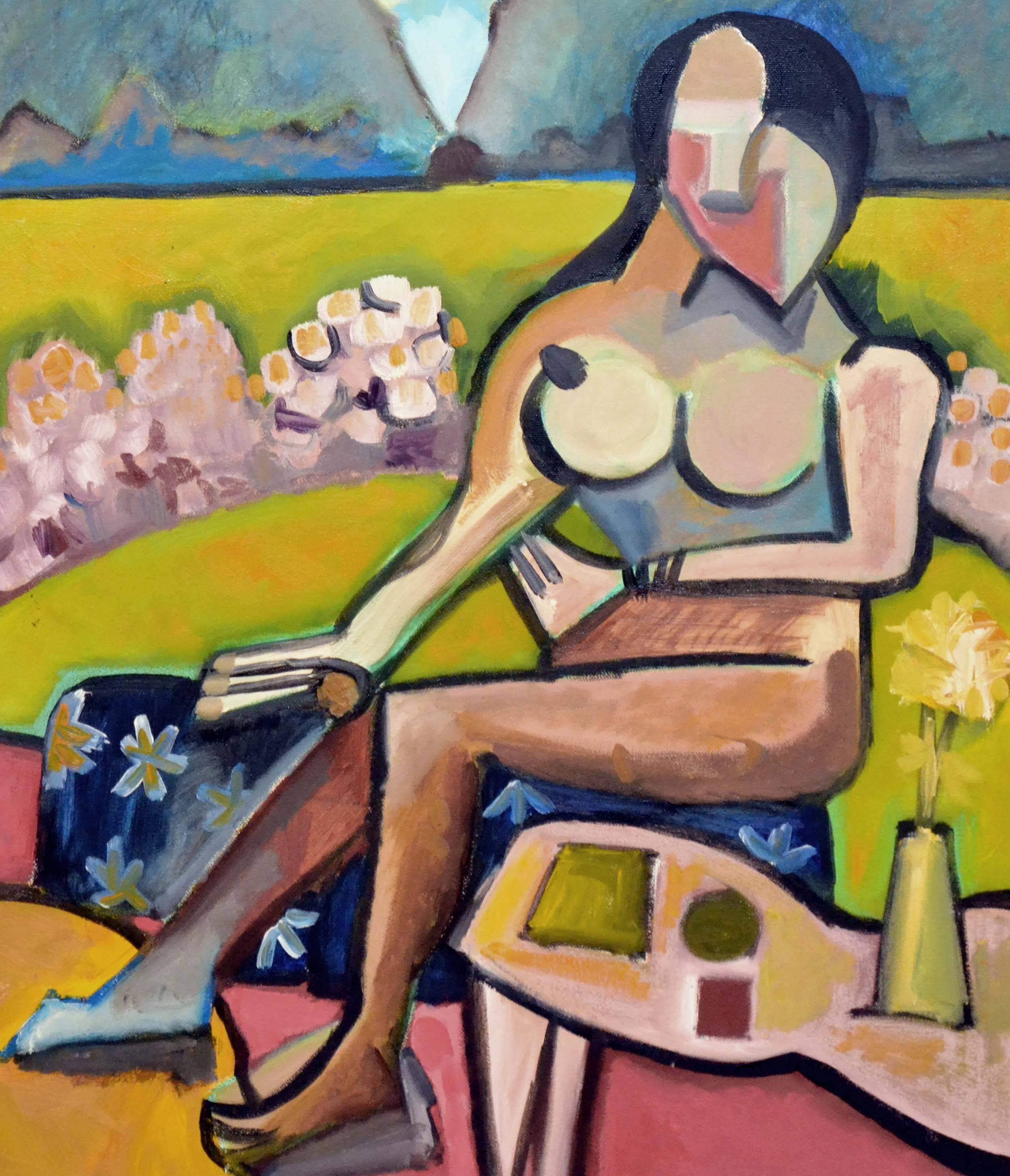 Contemporary Cubist Figurative Landscape, Modernist Nude in the Garden - Painting by Michael Eggleston