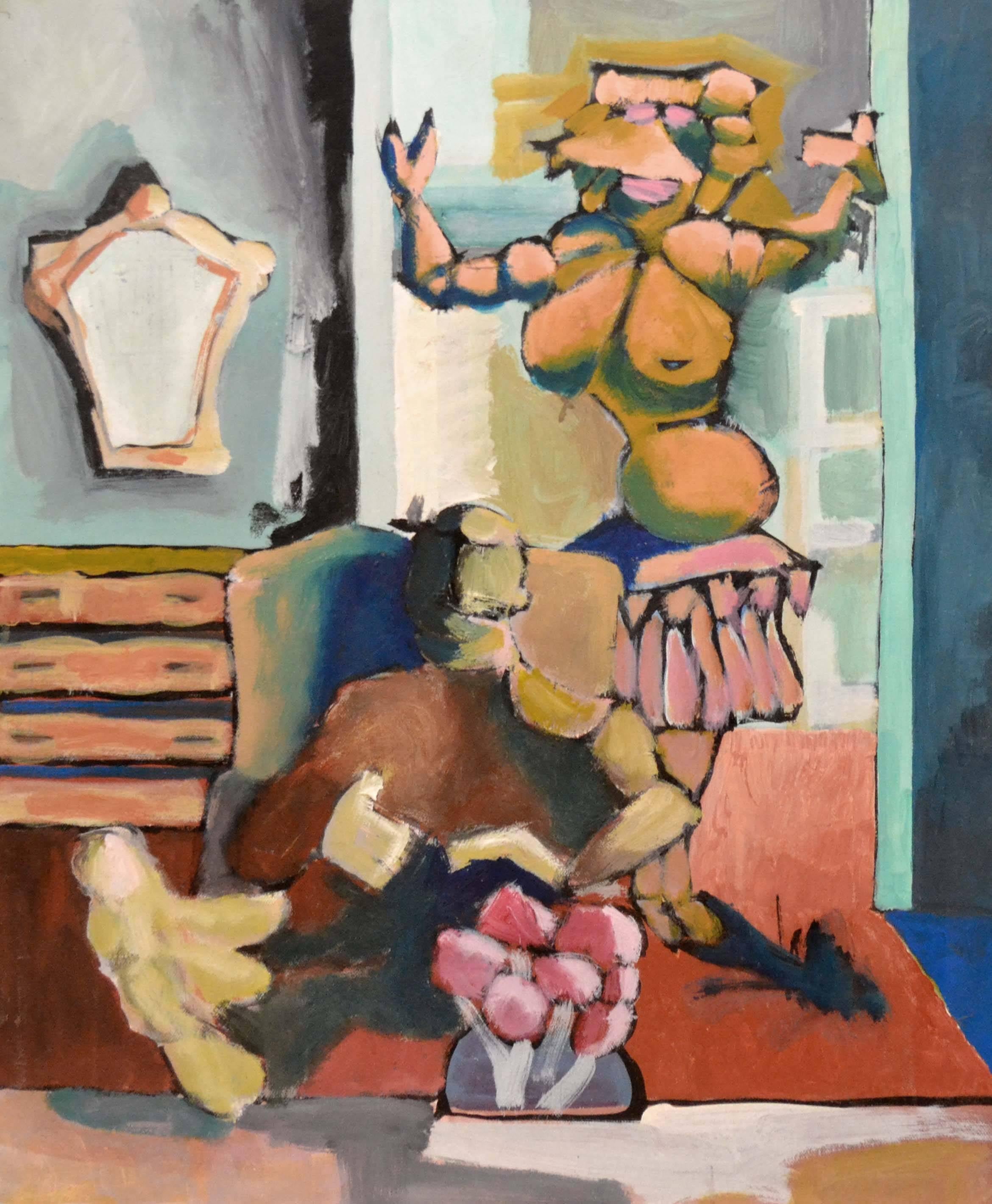 Michael Eggleston Figurative Painting - Contemporary Figural Abstract Interior, Modernist Living Room Scene