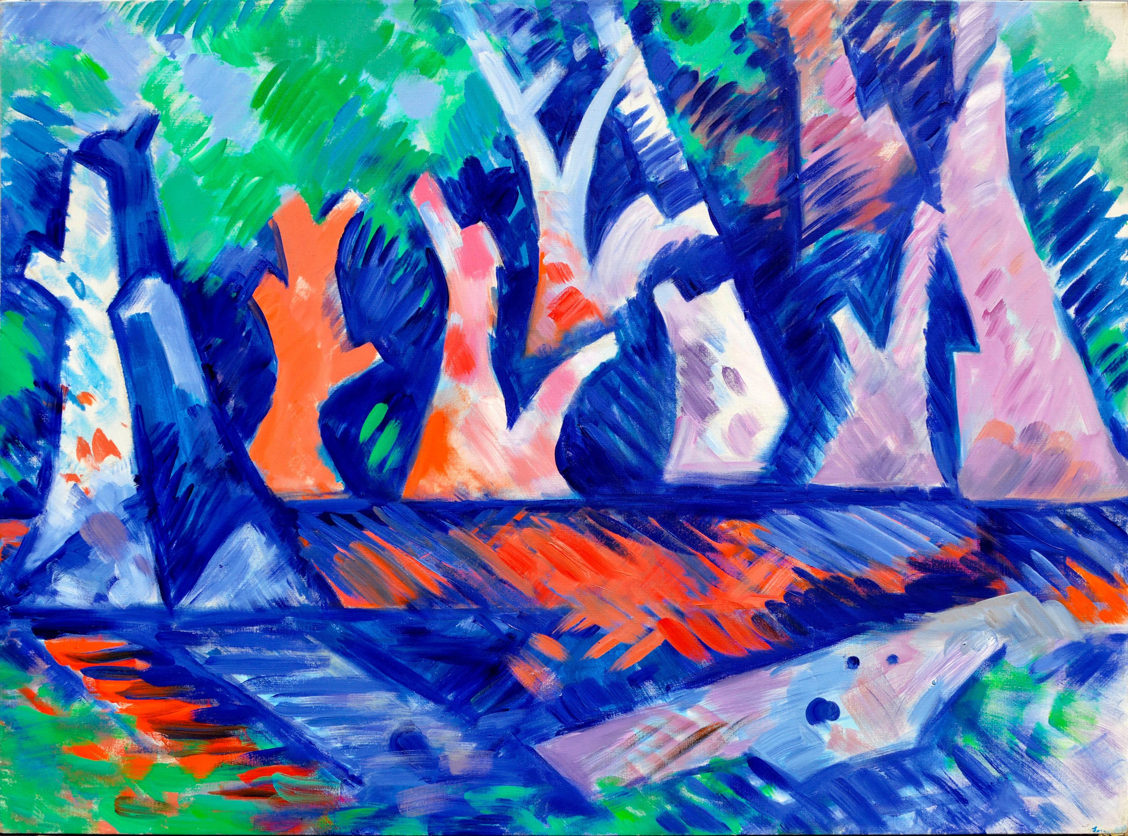 Abstract Painting de Erle Loran - Paisaje geométrico abstracto a gran escala -- Árboles sobre el agua