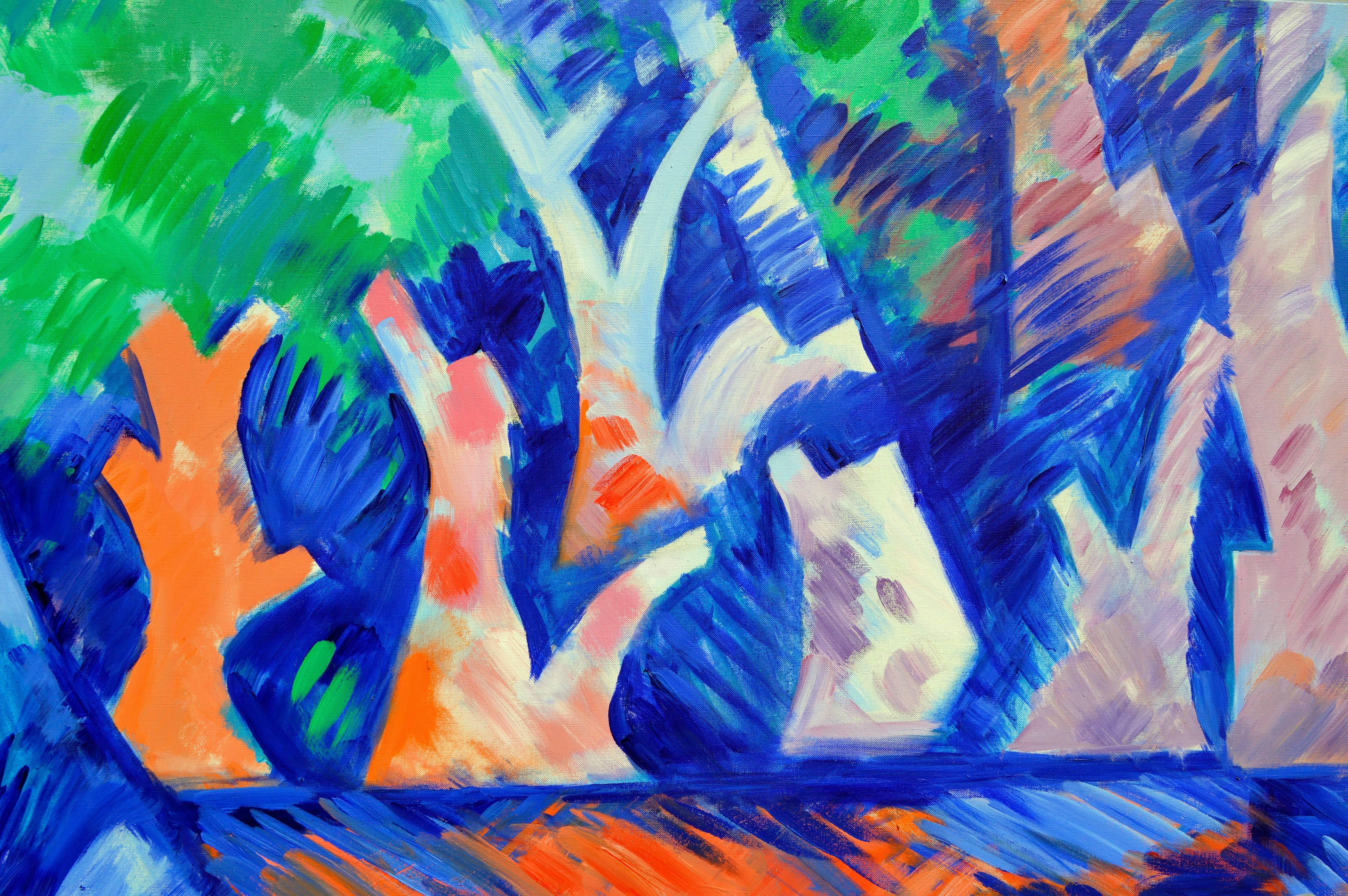 Abstrakte geometrische Landschaft in großformatigem Maßstab - Bäume über Wasser – Painting von Erle Loran