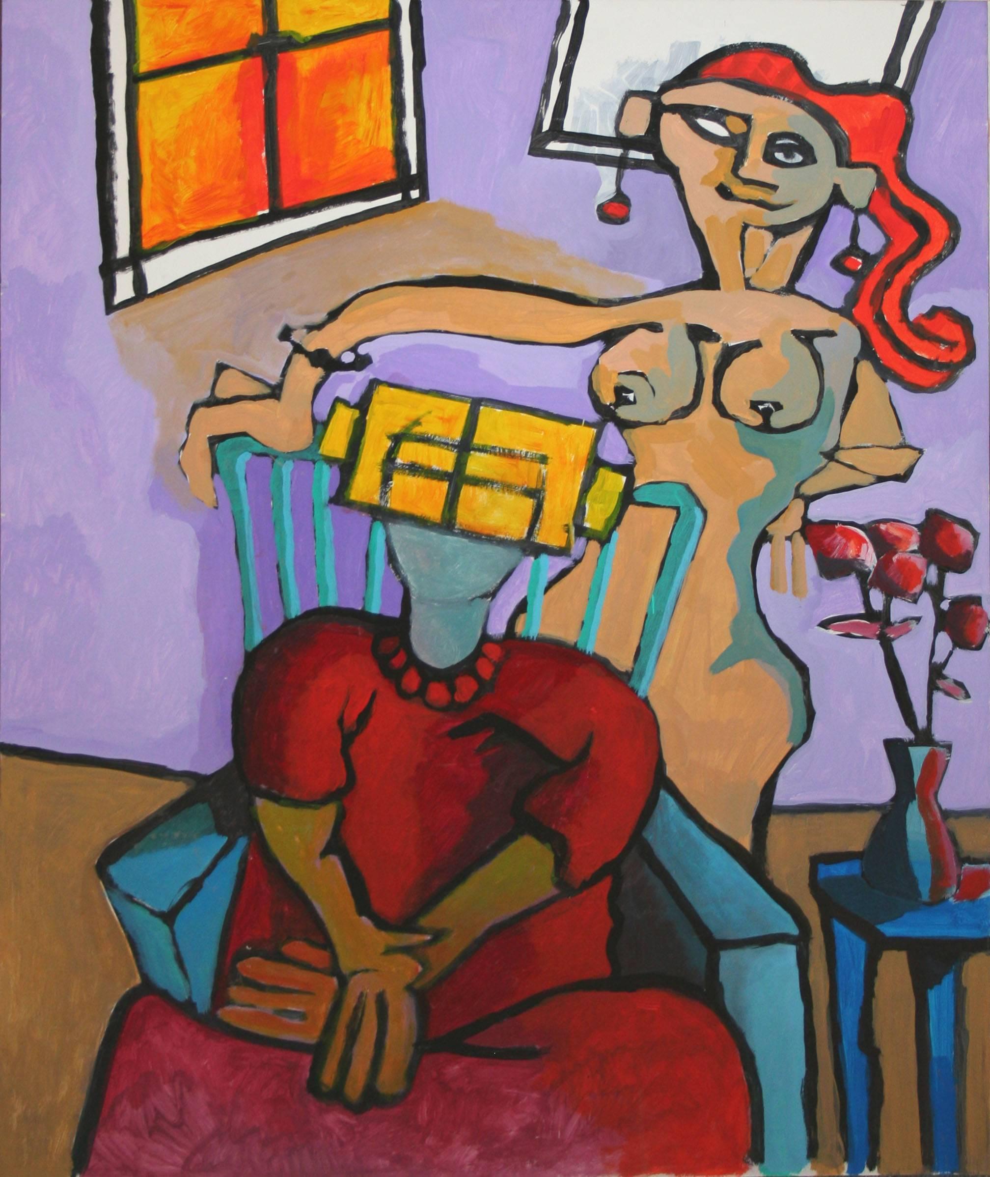 Scène d'intérieur cubiste contemporaine à grande échelle figurative abstraite et lavande 