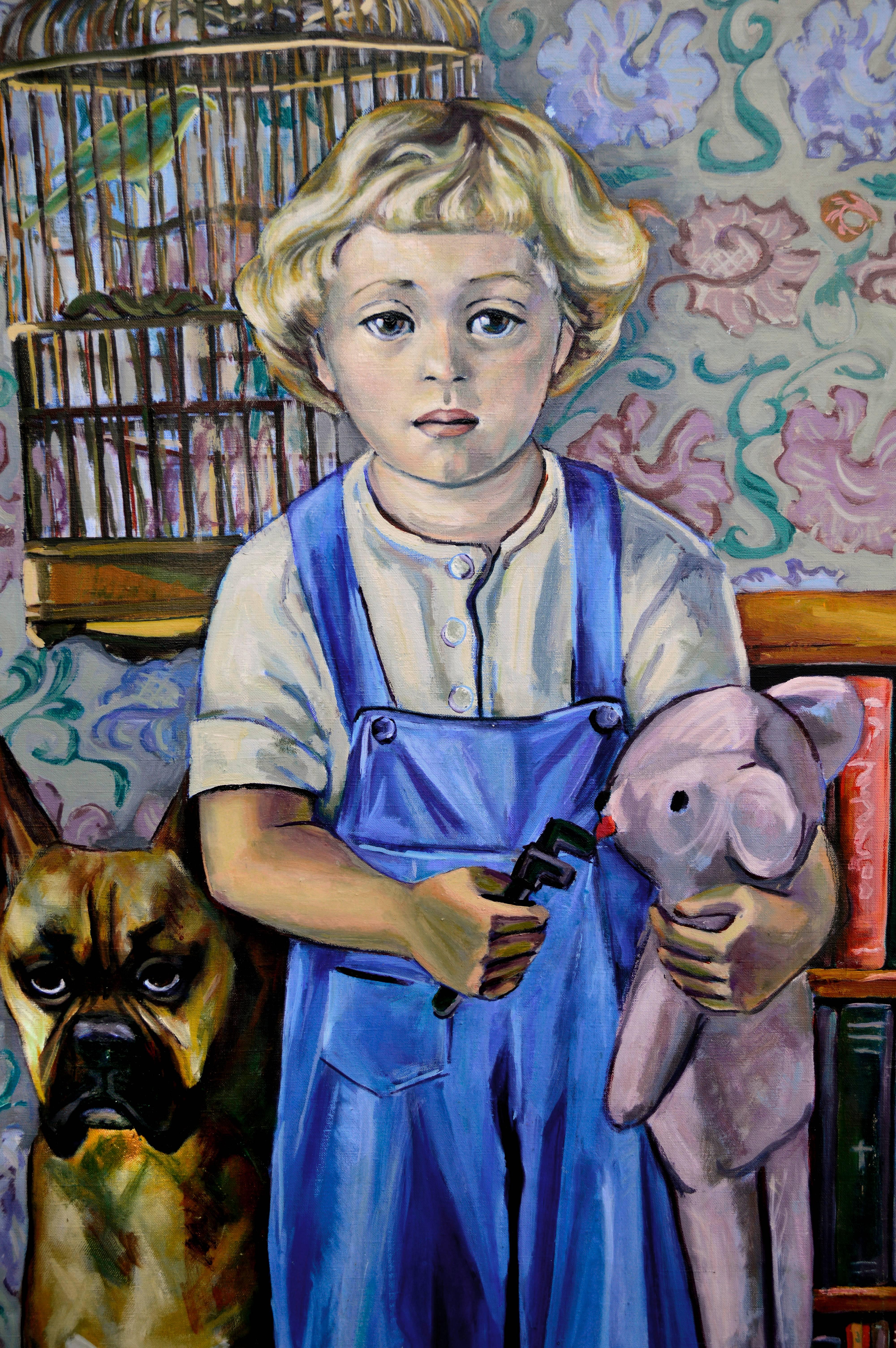 Ragazzo di metà secolo e il suo cane figurativo - Painting di Virginia Sevier Rogers