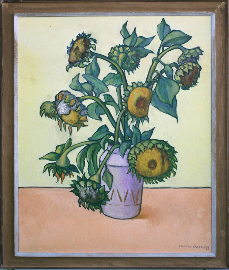 Sunflowers, Large Scale Modernist Floral Bouquet Still-Life by Tarmo Pasto

A stunning large-scale modernist oil on canvas still-life of sunflowers by Dr. Tarmo Pasto (American, 1906-1986). This modern floral bouquet still-life, painted by Pasto in