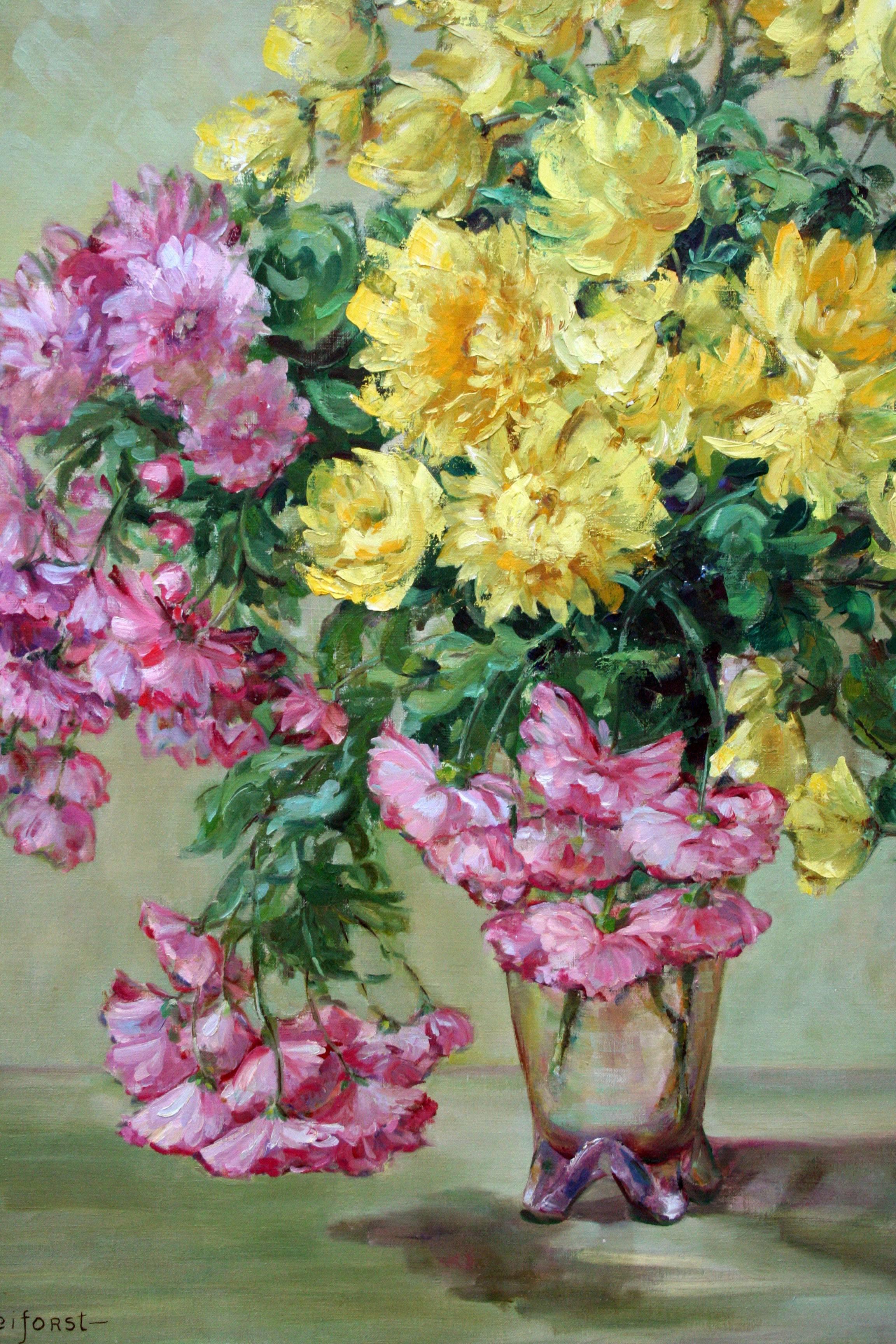 Pink & Yellow Floral Still Life - Painting by Helen Enoch Gleiforst