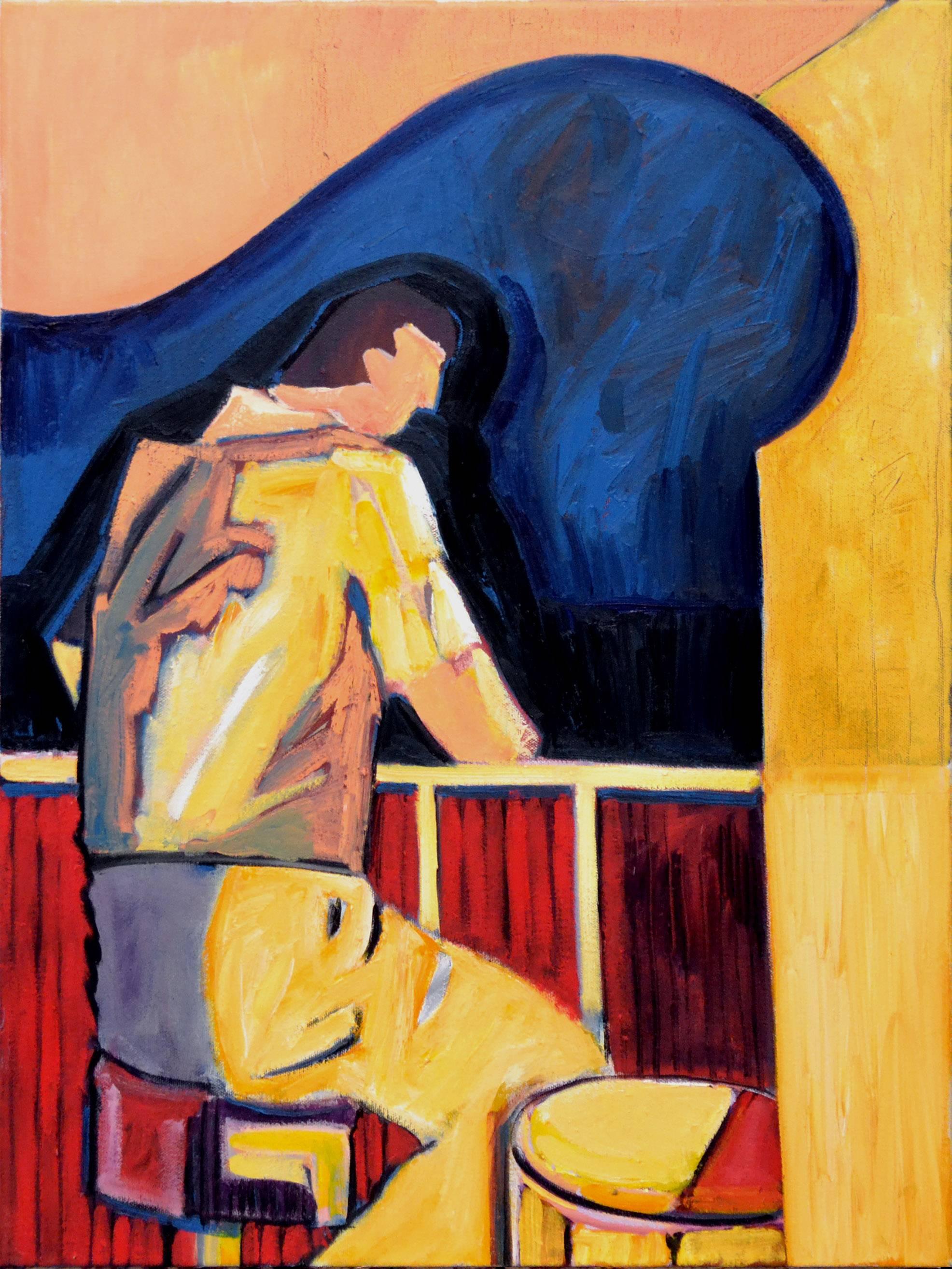 Michael William Eggleston Figurative Painting – Man an der Klavierbar, zeitgenössische figurative Figuration mit Primärfarben