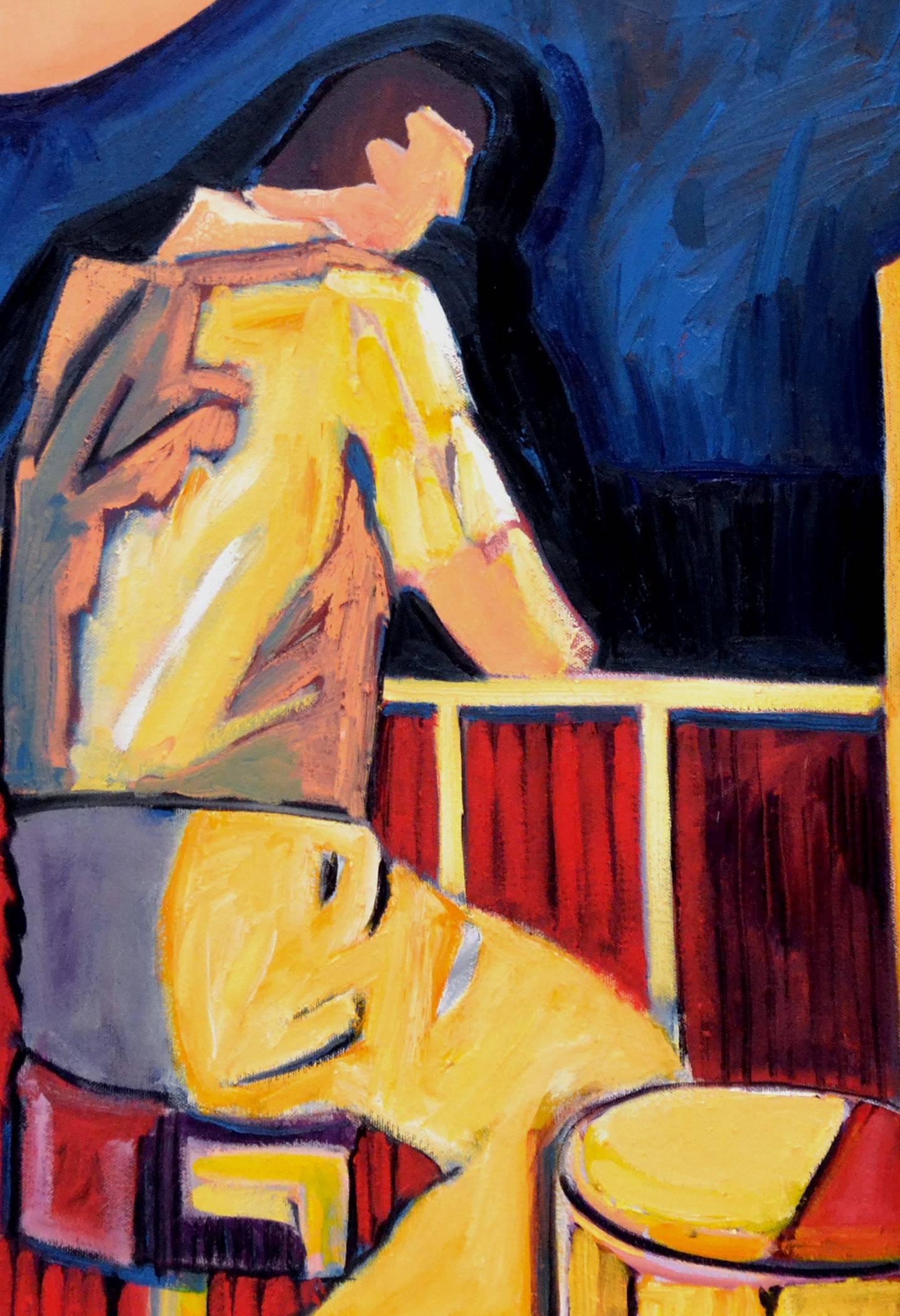 Man an der Klavierbar, zeitgenössische figurative Figuration mit Primärfarben – Painting von Michael William Eggleston