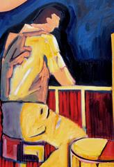 Man at Piano Bar, Contemporary Figurative with Primary Colors