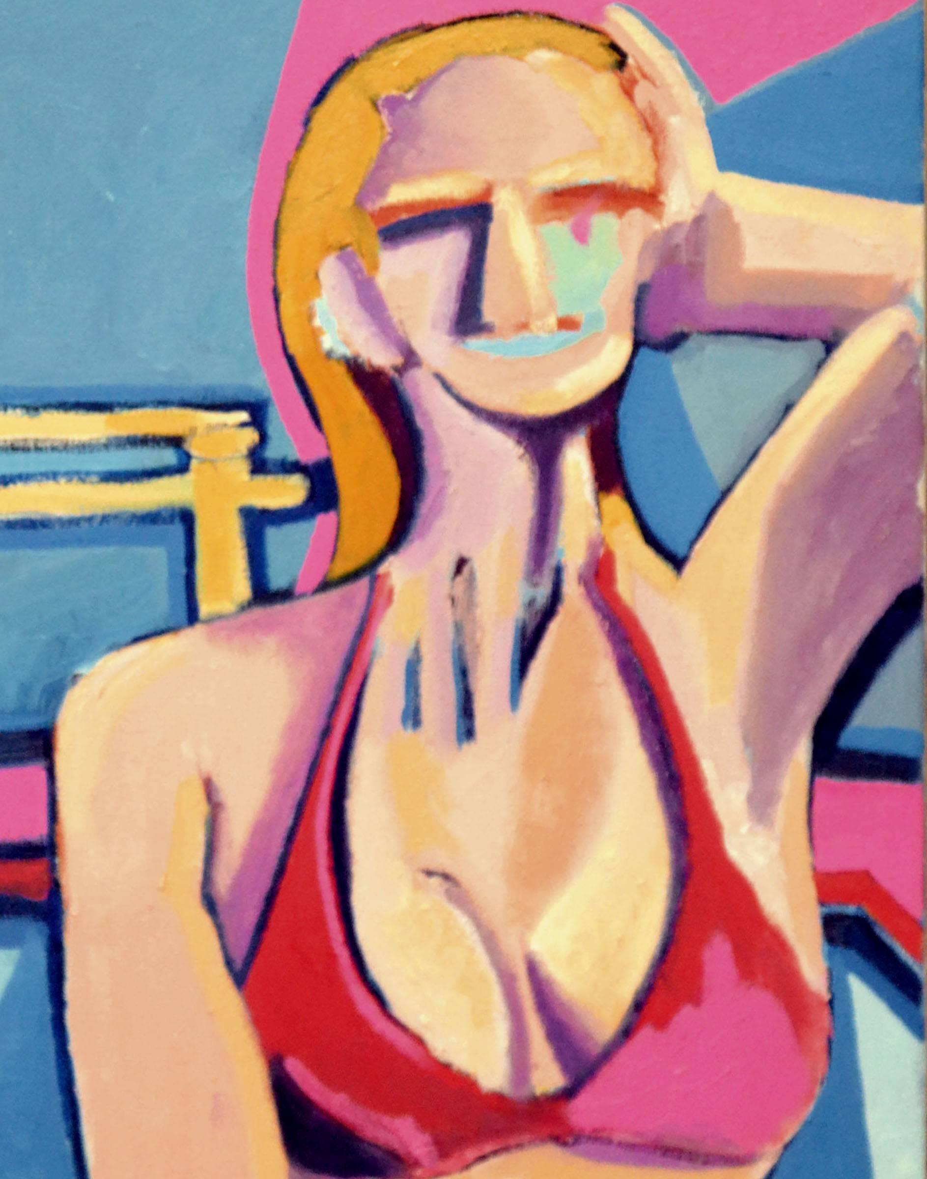 Figuratif abstrait contemporain abstrait, femme blonde avec Bikini rouge  - Painting de Michael William Eggleston