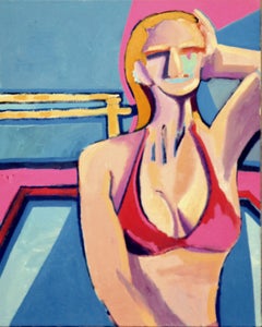 Vintage Contemporary Figurative Abstract, Blonde Woman with Red Bikini 