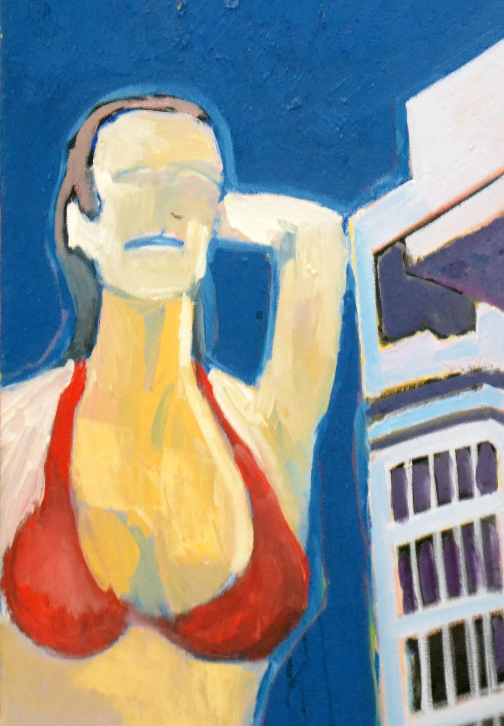 Zeitgenössische figurative abstrakte Frau in rotem Bikini  – Painting von Michael William Eggleston