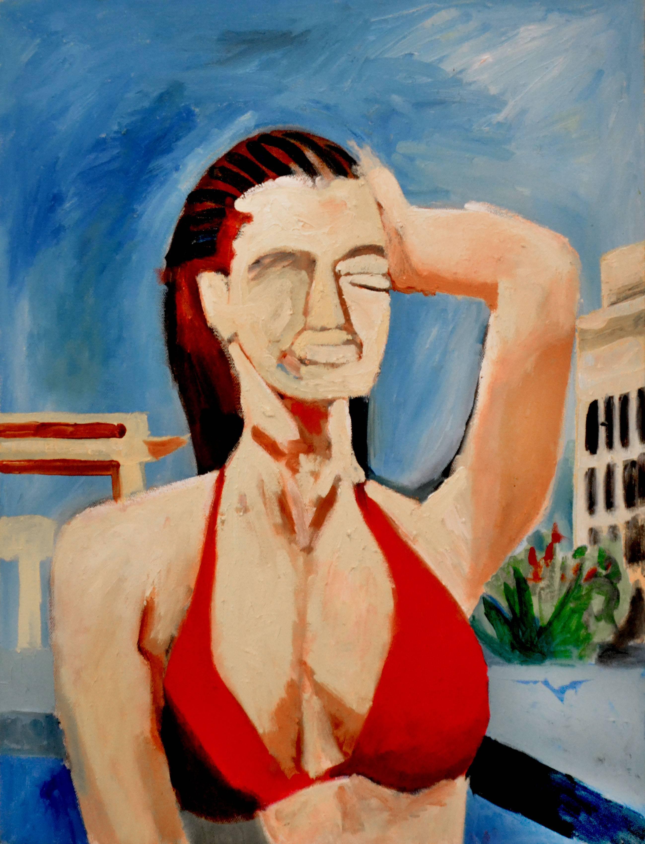 Michael William Eggleston Figurative Painting – Zeitgenössische figurative abstrakte Frau mit rotem Oberteil