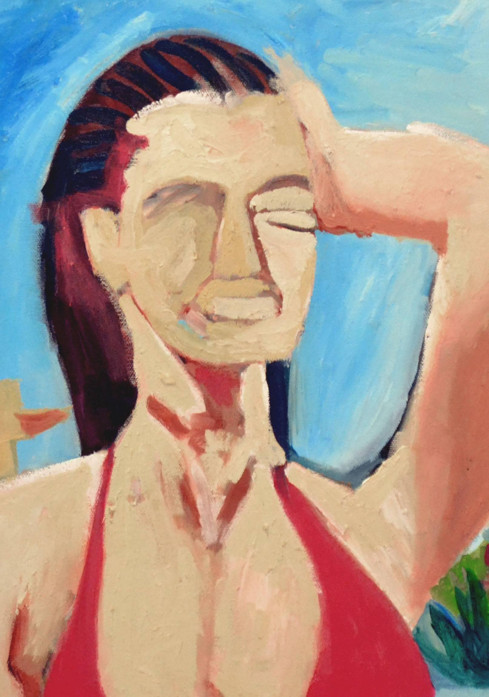 Zeitgenössische figurative abstrakte Frau mit rotem Oberteil – Painting von Michael William Eggleston