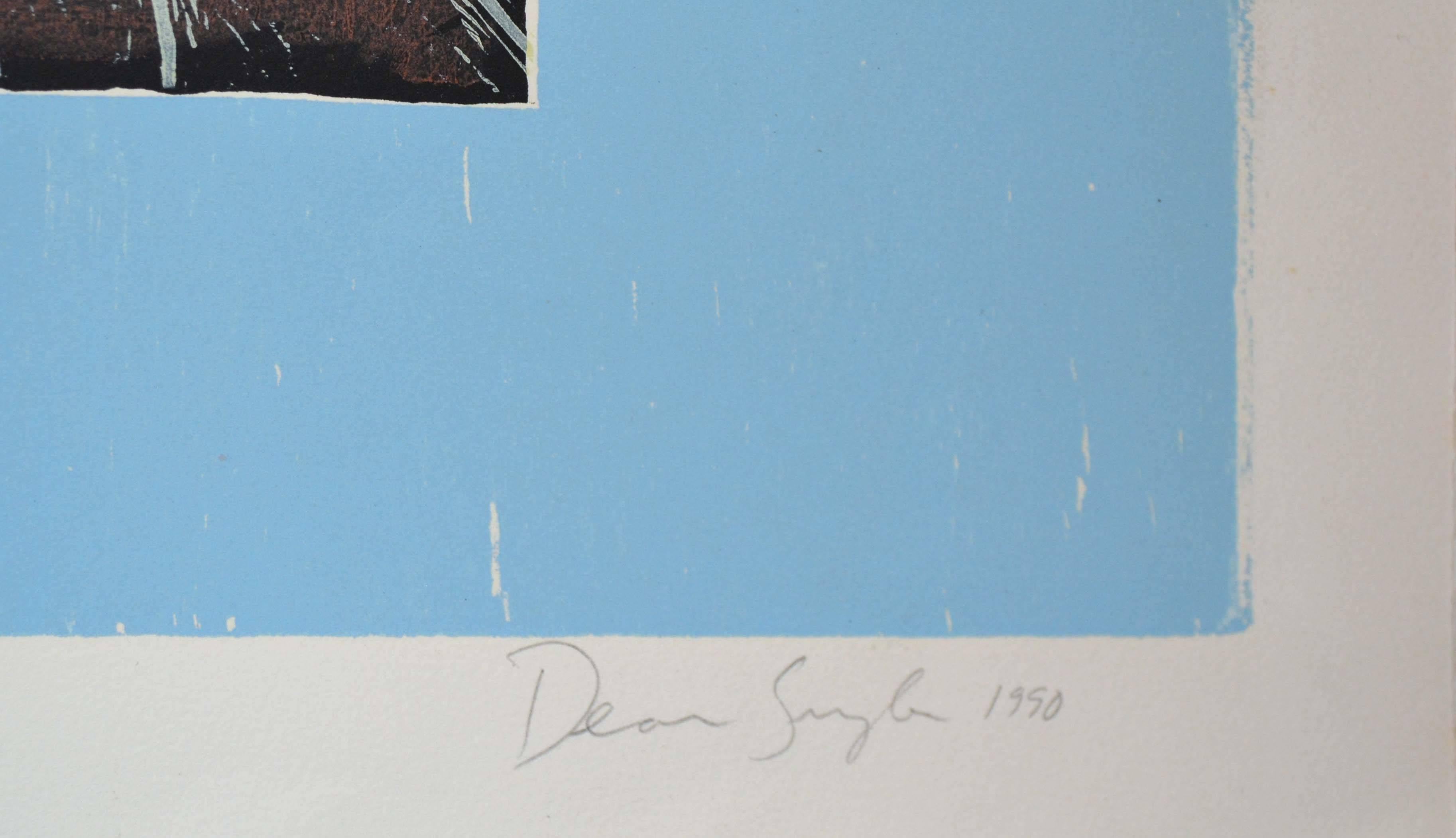 Astratto figurativo di metà secolo -- Roccia con teiera e pesce gelatina - Figurative Print Blu di Dean Snyder