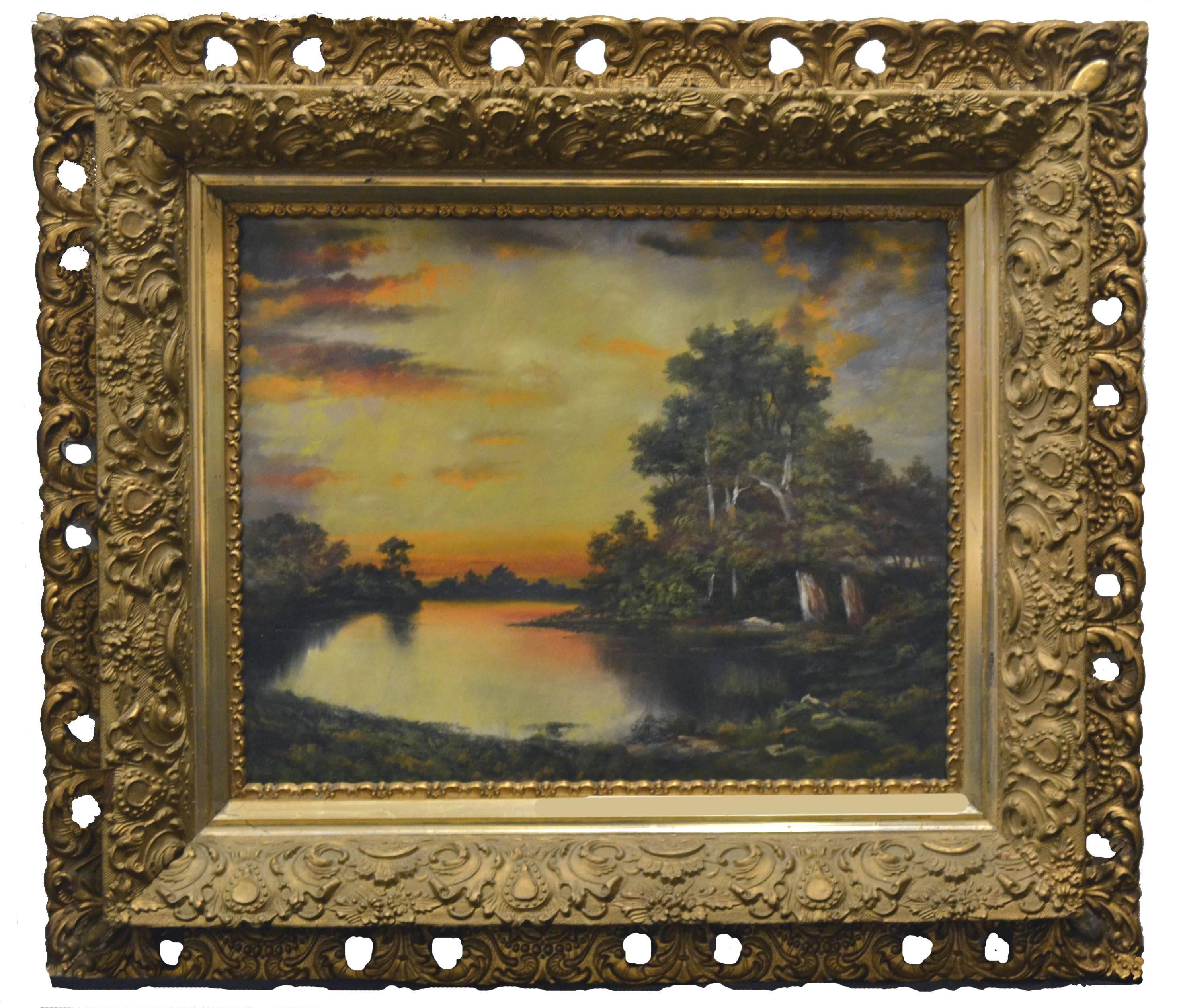 Unknown Landscape Painting - Sunset Over Lake, Late 19th Century Hudson River School Pastel Landscape 