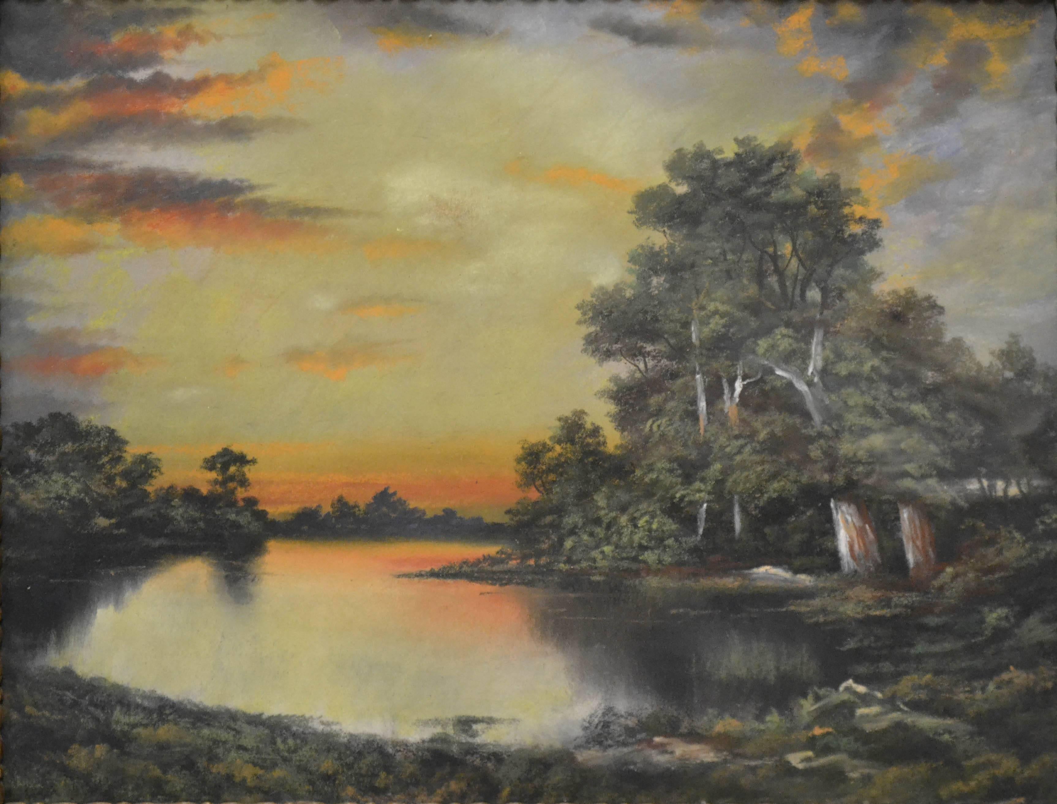 Sunset Over Lake, Late 19th Century Hudson River School Pastel Landscape  - Painting by Unknown