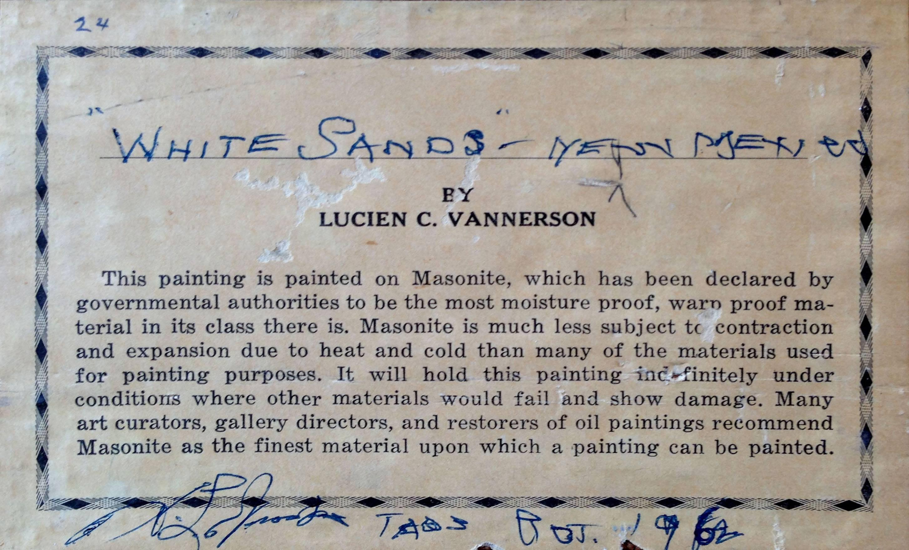White Sands Nuevo México, paisaje desértico del suroeste de mediados de siglo por Vannerson

Preciosa escena desértica del galardonado artista autodidacta Dr. Lucien C. Vannerson (estadounidense, siglo XX). Este paisaje desértico del Suroeste de