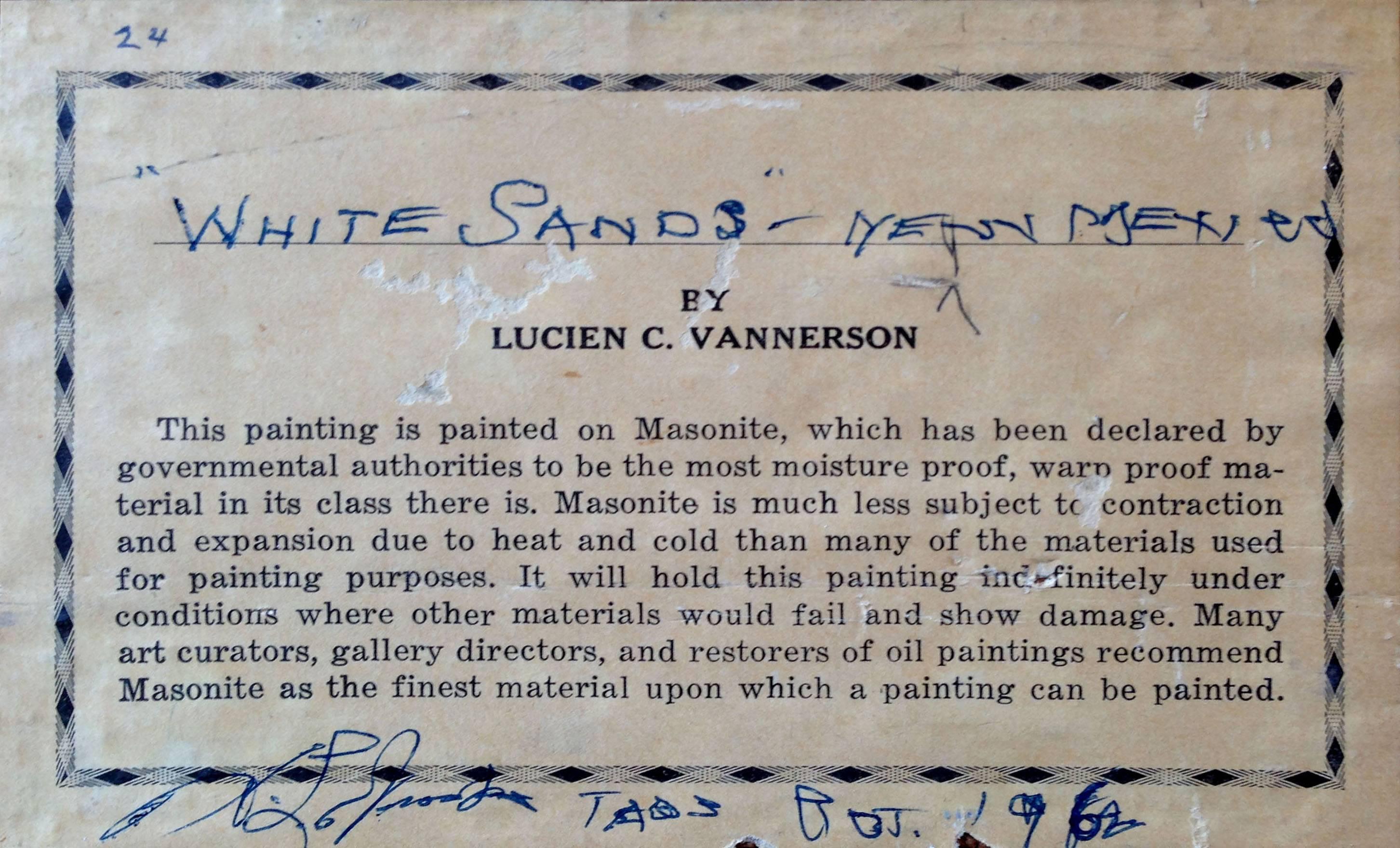 White Sands, Nouveau-Mexique, Paysage du désert du Sud-Ouest, milieu du siècle, par Vannerson

Magnifique scène de désert par l'artiste autodidacte primé, le Dr. Lucien C. Vannerson (américain, 20ème siècle). Ce paysage désertique très réaliste du