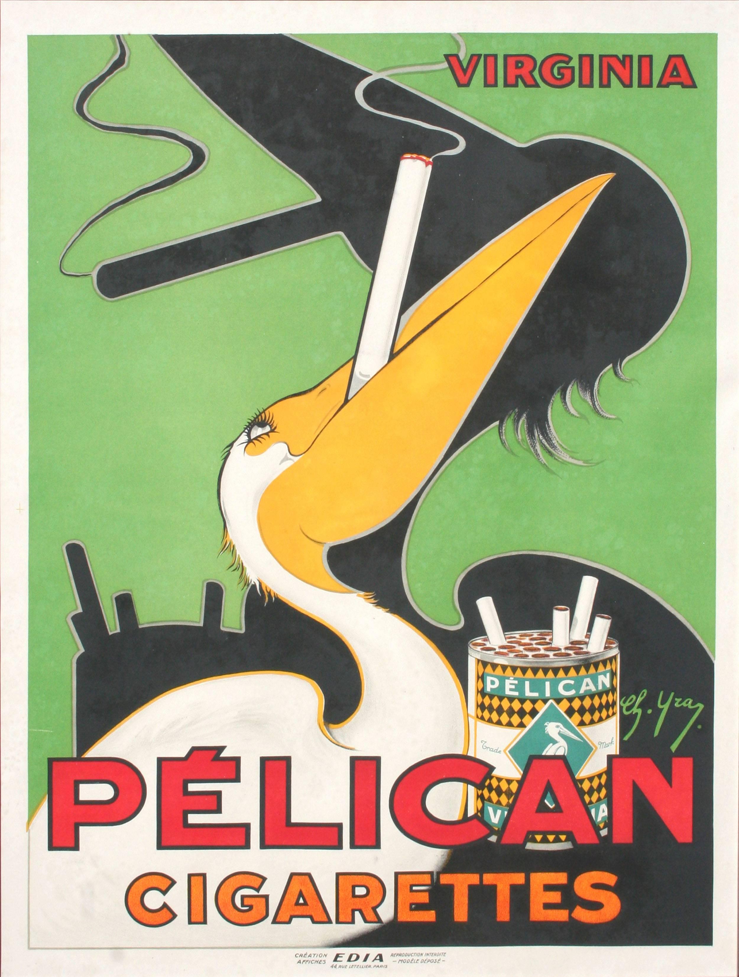 Charles Yray Figurative Print - Art Deco Pelican Cigarettes Poster 1925