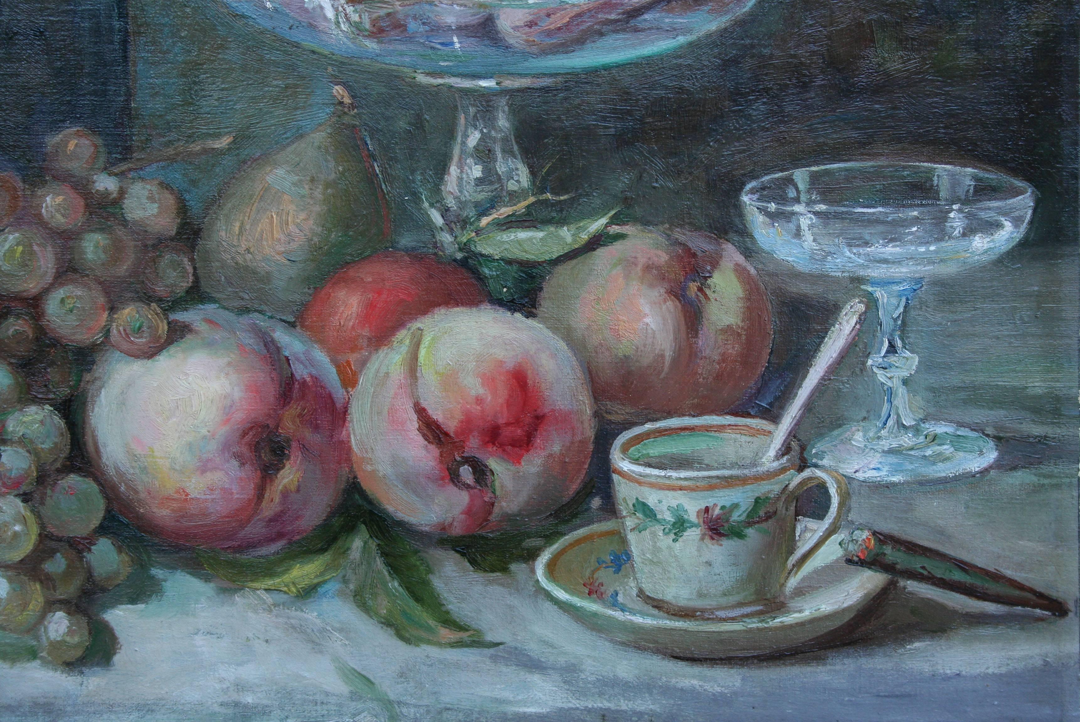 Bodegón de mediados de siglo con pasteles y fruta - Painting Barroco de Unknown
