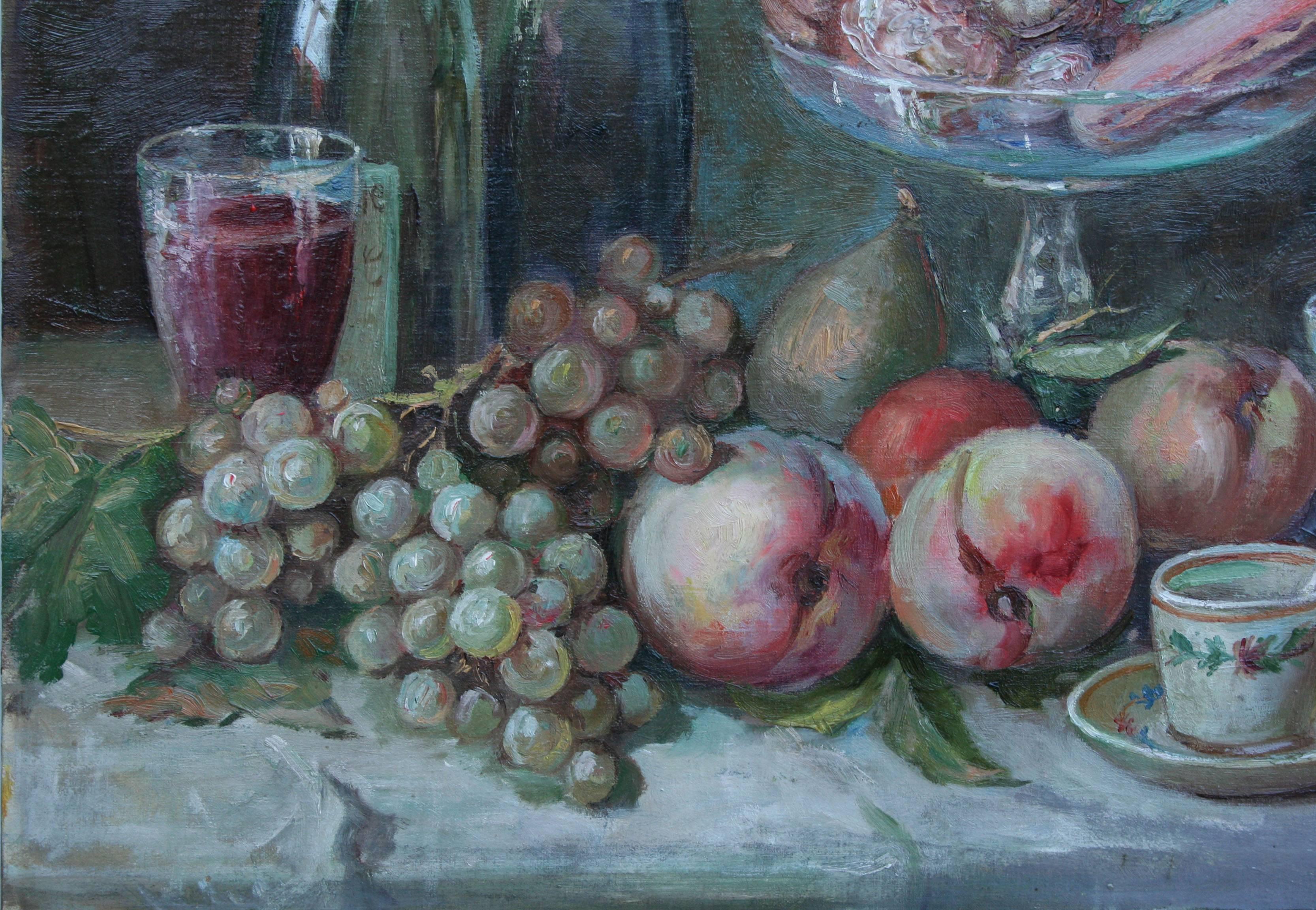 Mid Century Still Life with Pastries and Fruit - Painting by Unknown