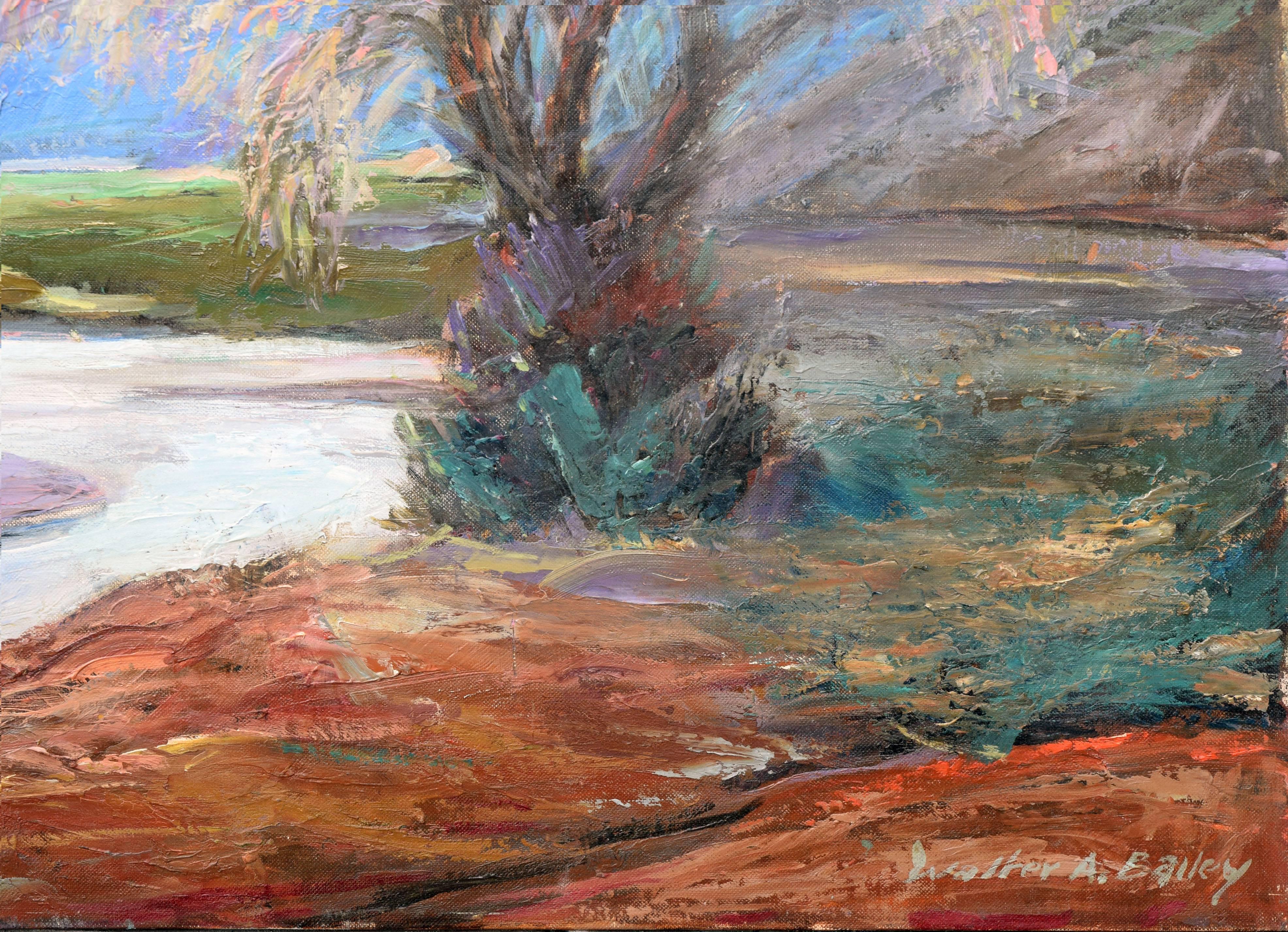 Importante peinture de paysage représentant la rivière et les buttes de Taos, Nouveau-Mexique, par Walter Alexander Bailey (américain, 1894-1989). Rendu dans des couleurs saturées, un arbre solitaire se tient au bord d'une rivière. La rivière
