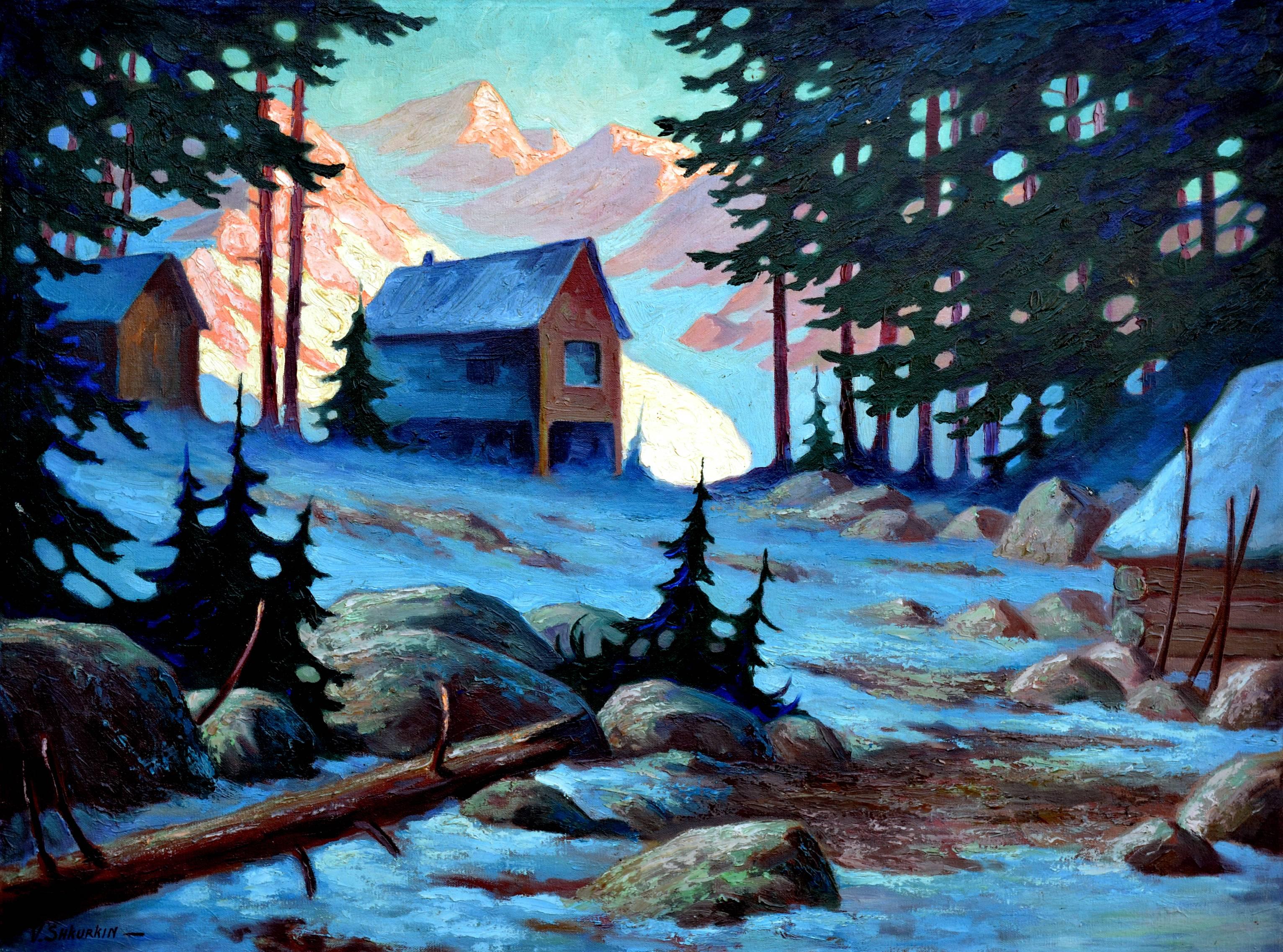 Vladimir Shkurkin Landscape Painting - Mid Century Tahoe Cabin Landscape