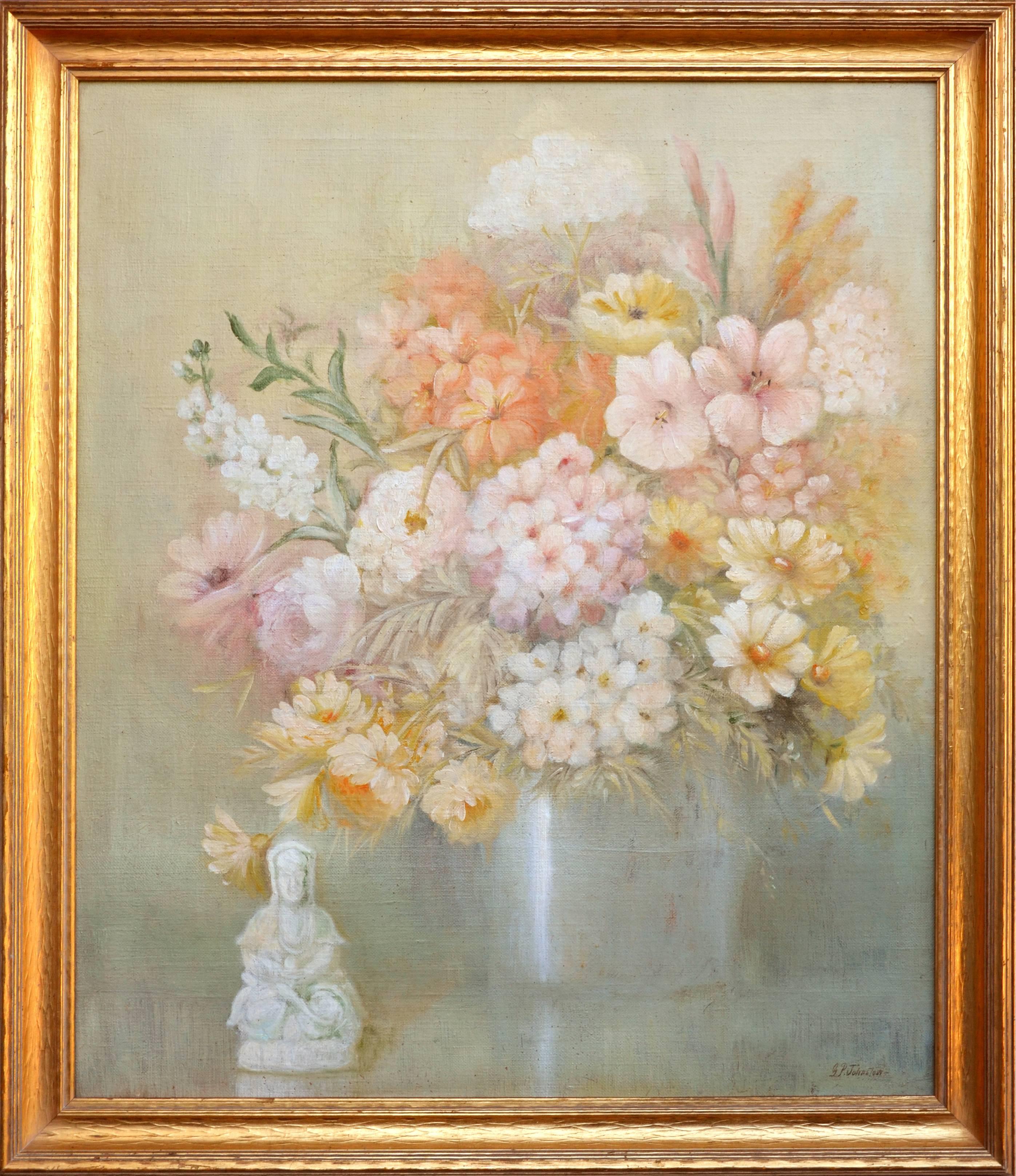 GP Johnston Still-Life Painting - Mid Century Chinoiserie Pink & Yellow Floral Still-Life