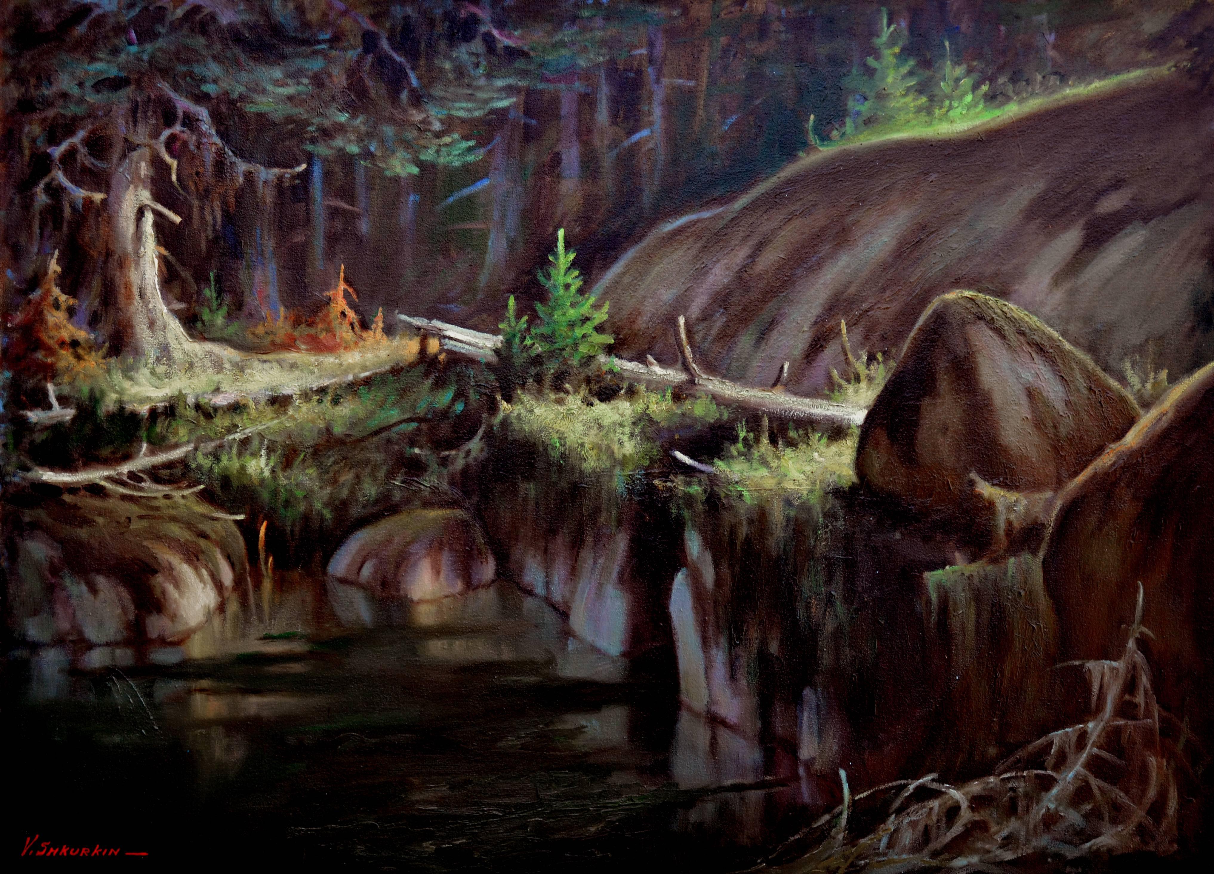 Vladimir Shkurkin Landscape Painting - Forest Oasis, Mid-Century Pool Under Redwood Trees Landscape