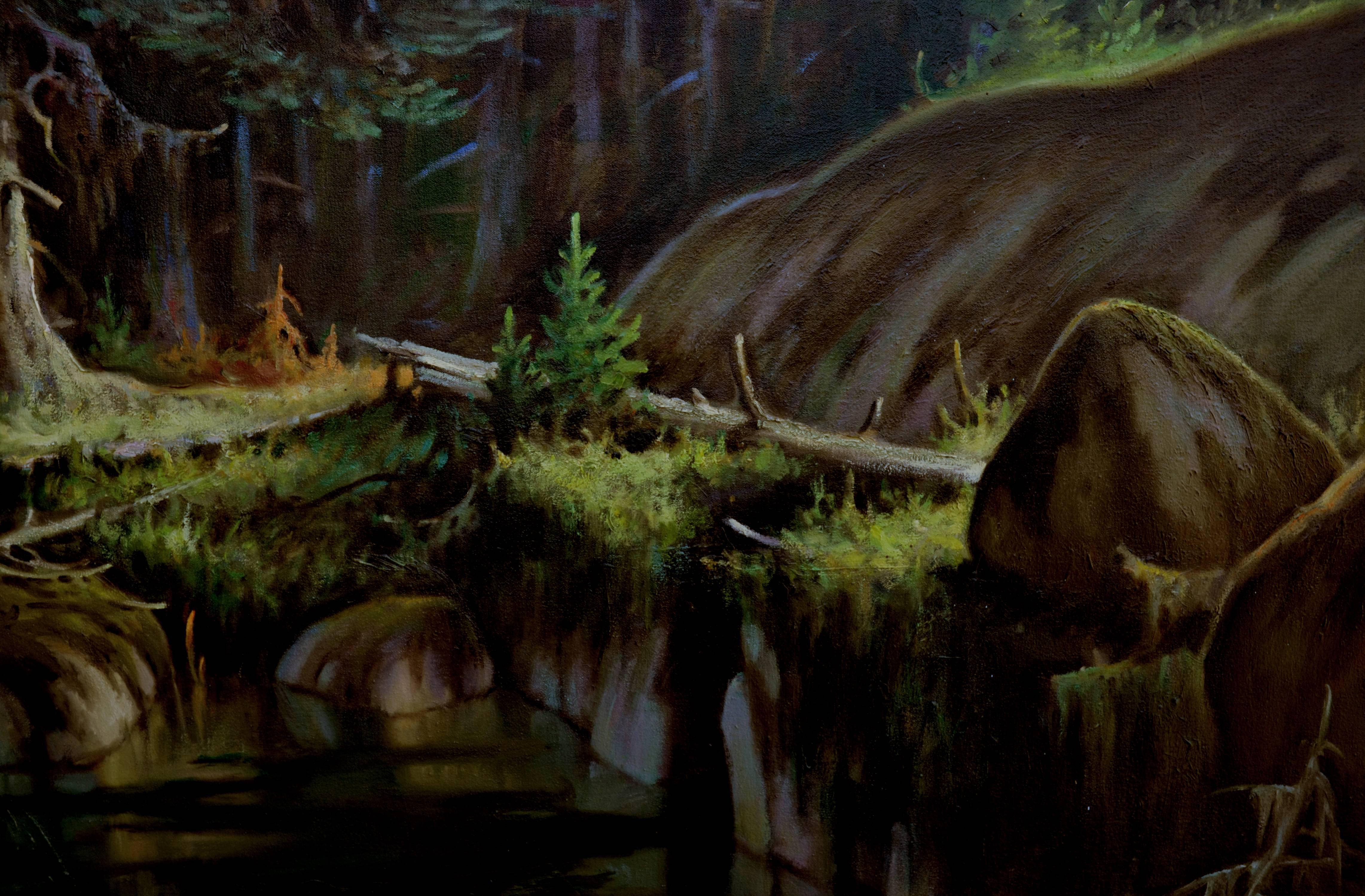 Forest Oasis, Mid-Century Pool Under Redwood Trees Landscape - Painting by Vladimir Shkurkin