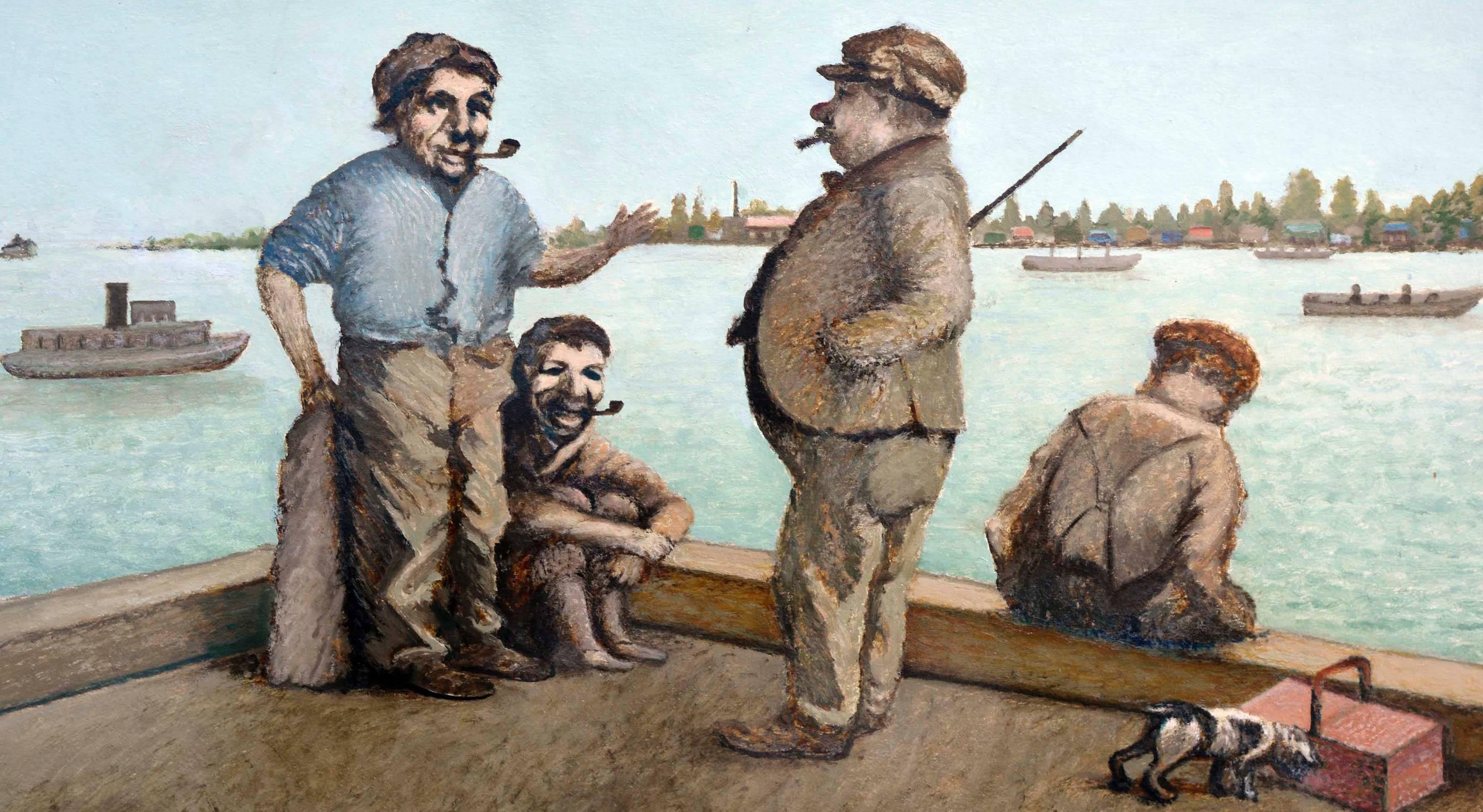 Figurative Landschaft der Bucht des frühen 20. Jahrhunderts – Gespräch am Pier – Painting von Gus Johnson