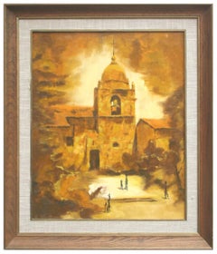 Vintage Mid Century Bell Tower Courtyard Figurative Landscape