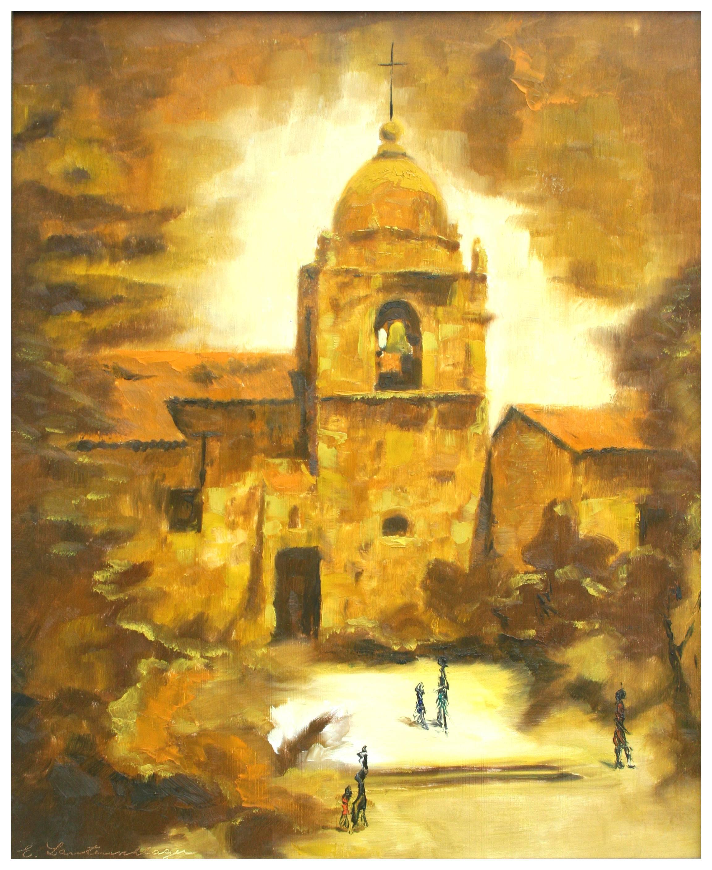 Mid Century Bell Tower Courtyard Figurative Landscape - Painting by E. Lautenschlager