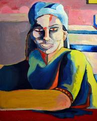 Femme écharpée bleue - Figuratif abstrait