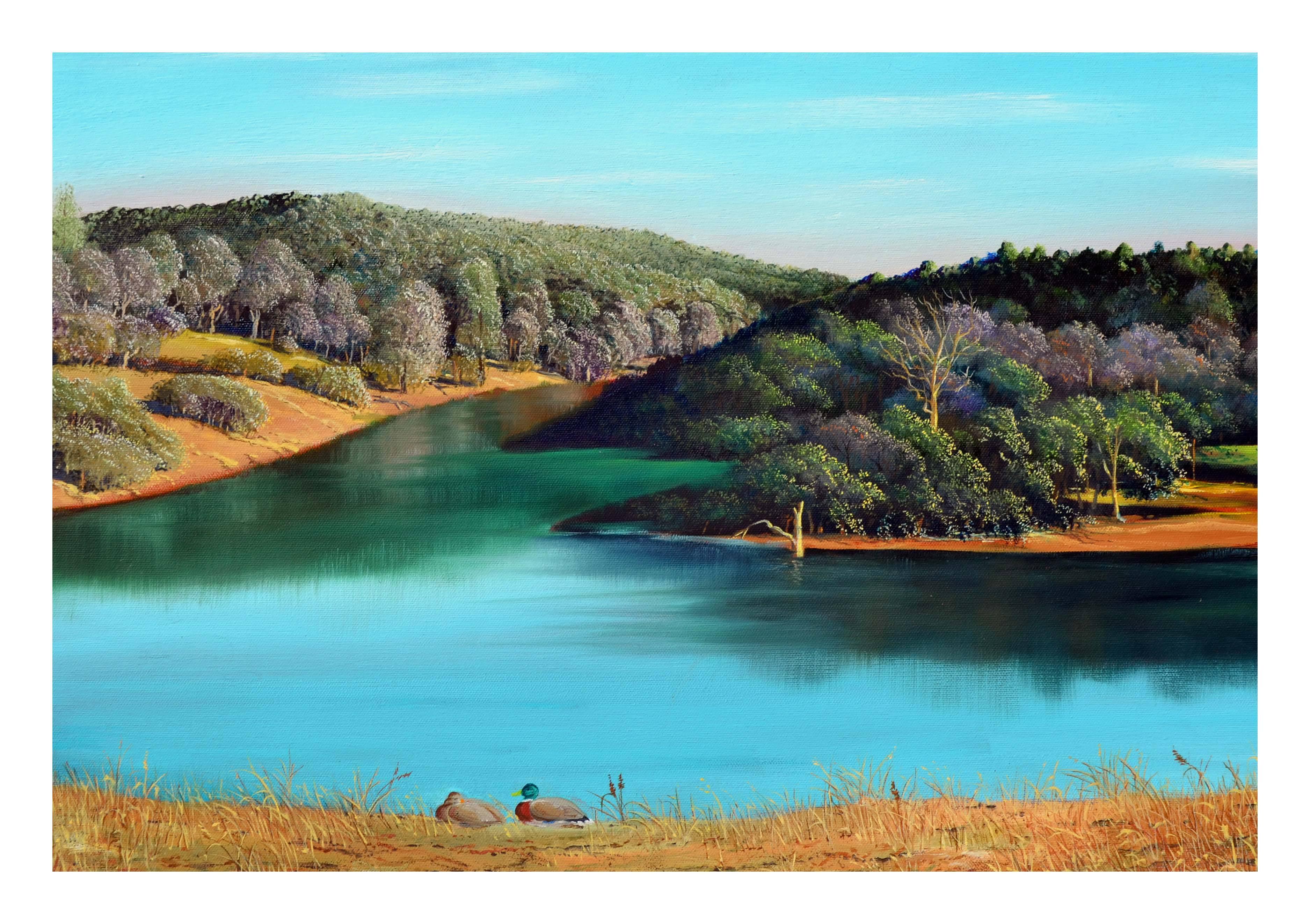 Lake de canards de Californie du Nord, paysage réaliste - Painting de Luke Stamos