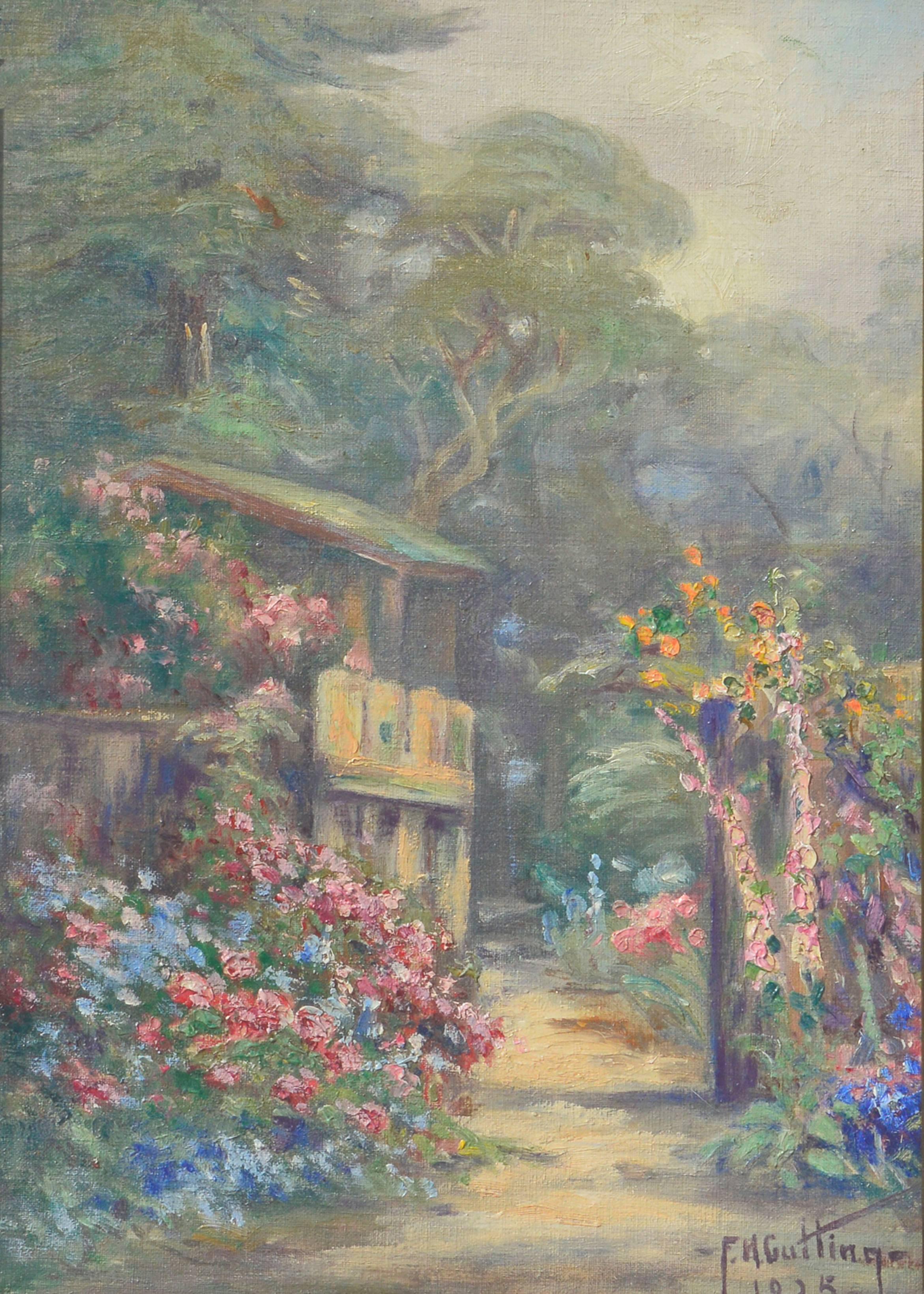 Pacific Grove Garden Gate, 1925 - Floral Landscape  - Painting by Frank Cutting