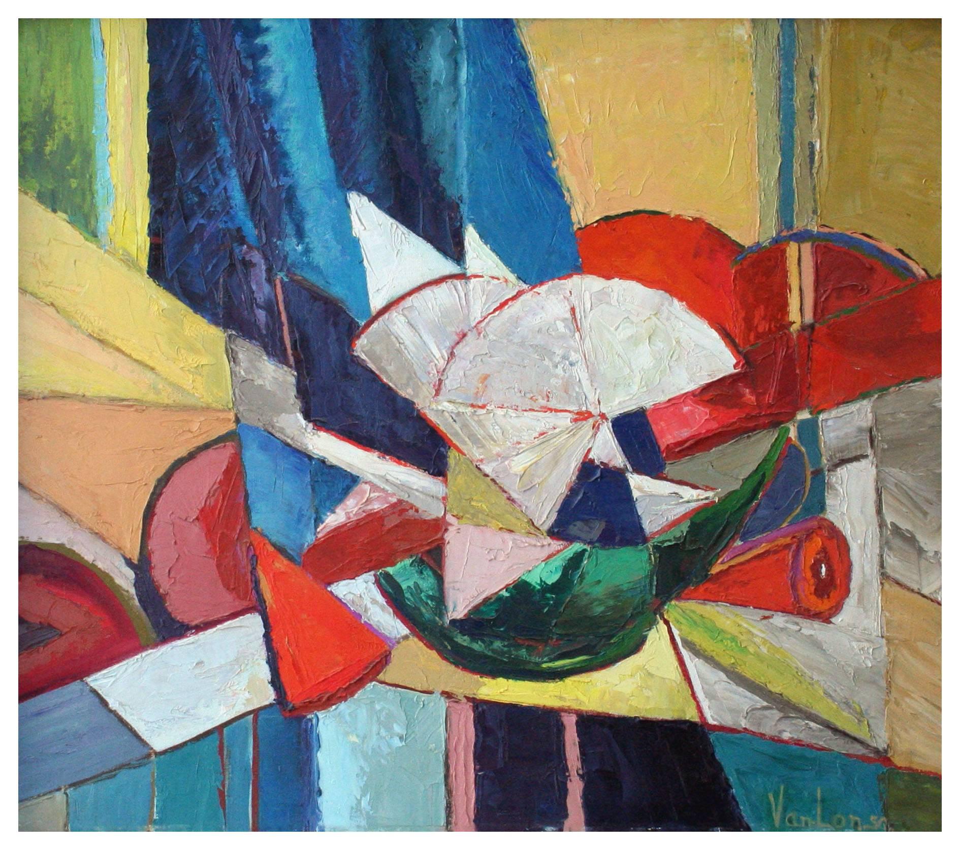 Colorful San Francisco School Abstract Synchromy Movement painting by Virginia Lonergan (American, born c. 1898). Born in Minnesota, she married Arthur Lonergan and the 1940 U. S. Census listed her as living in Oakland, California at age 42.  At one