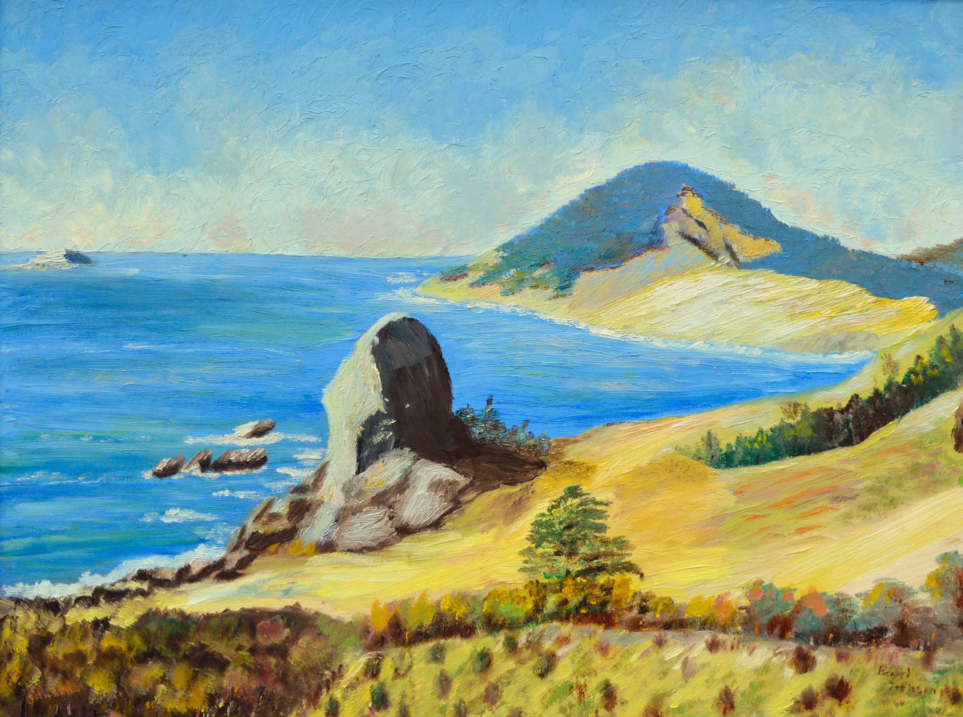 Dynamic landscape oil painting of Big Sur, California by Berkeley California artist Ellen Pearl Johnson (American, 1935-2019). An exceptionally talented artist and her execution of brush work is inspiring. Presented in a wood frame. Signed 