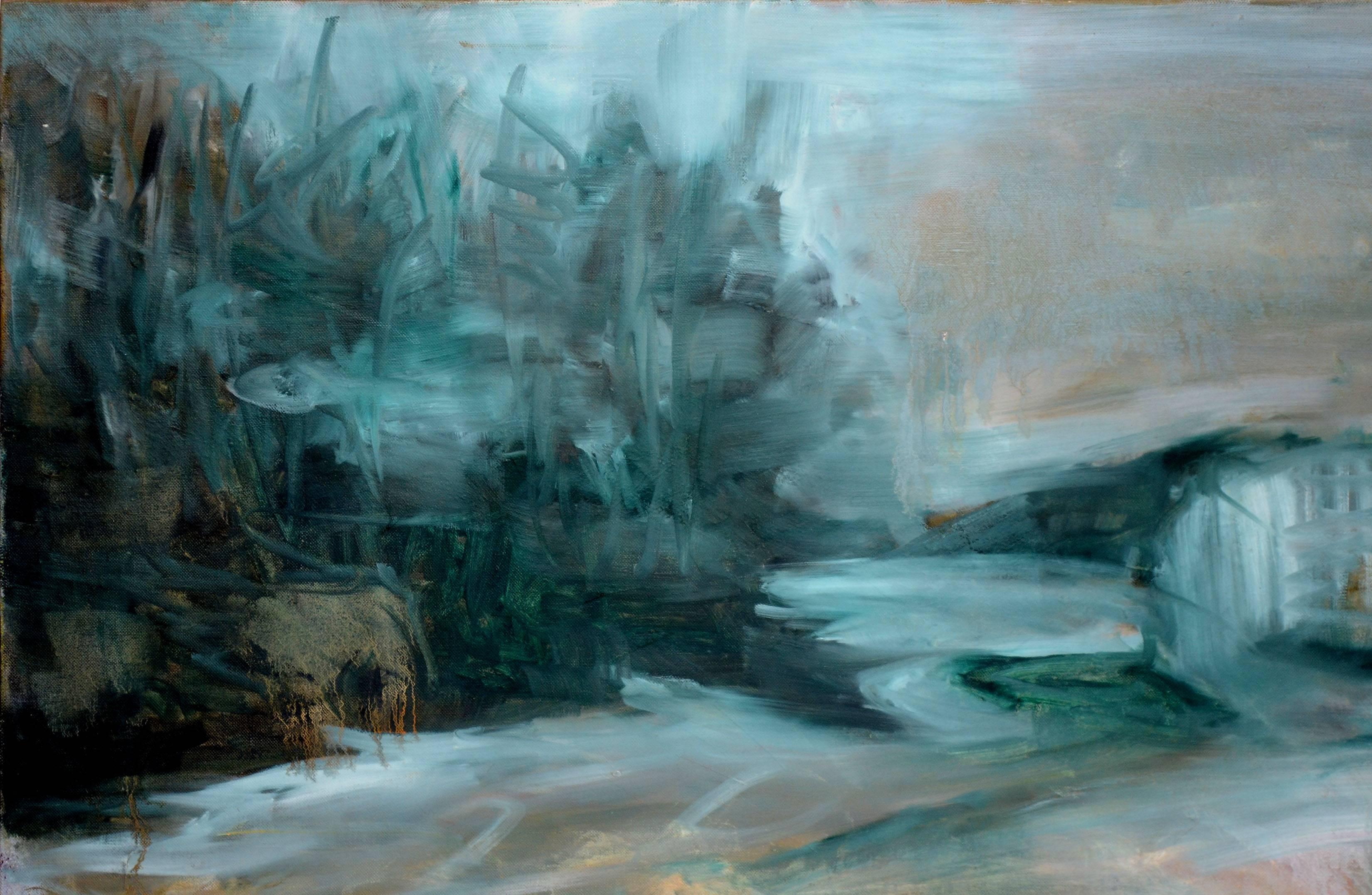 Large-Scale Modern Abstracted Teal Landscape - Painting by Daniel David Fuentes