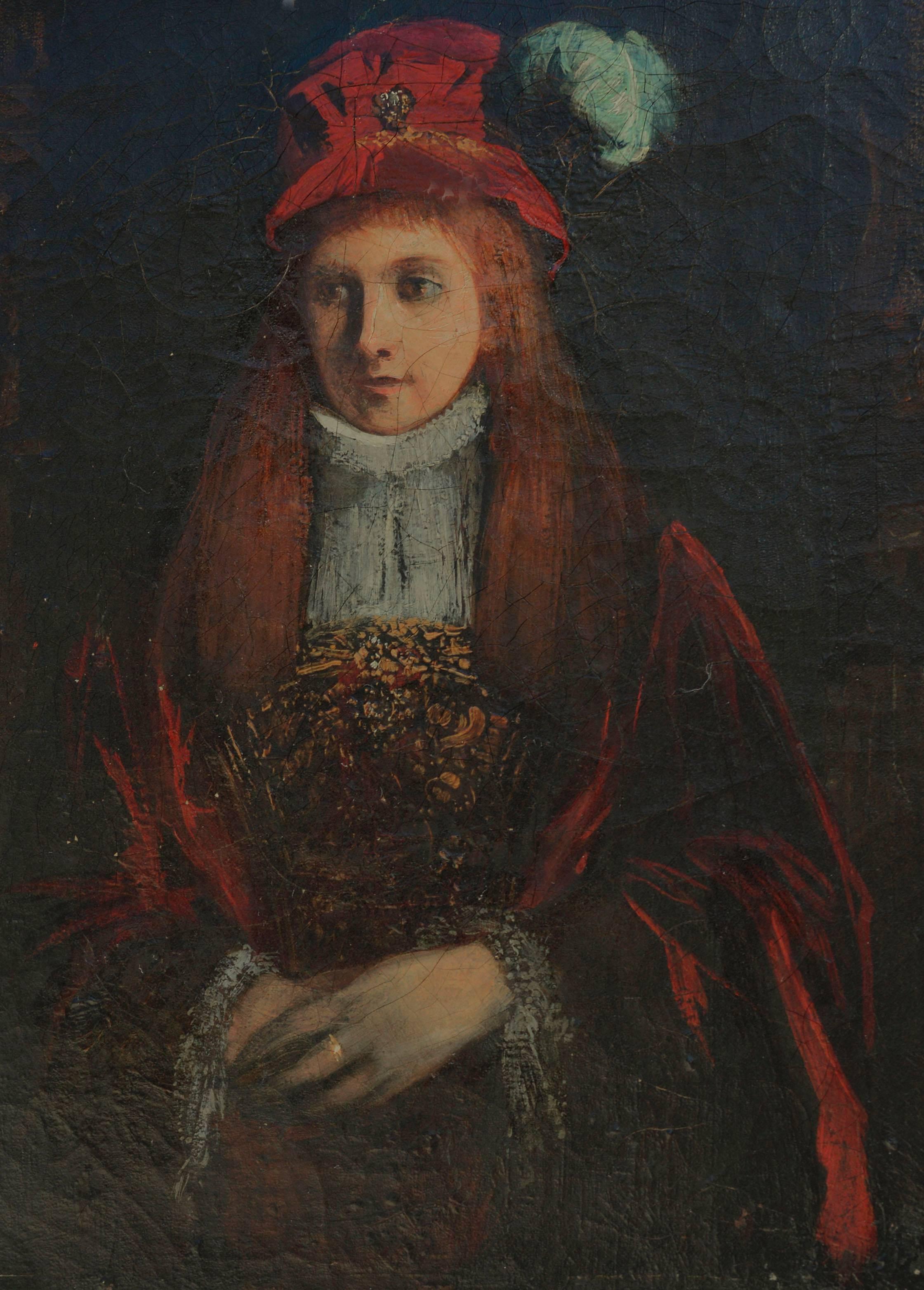 19th Century Young Irish Woman with Feathered Hat - Painting by Unknown