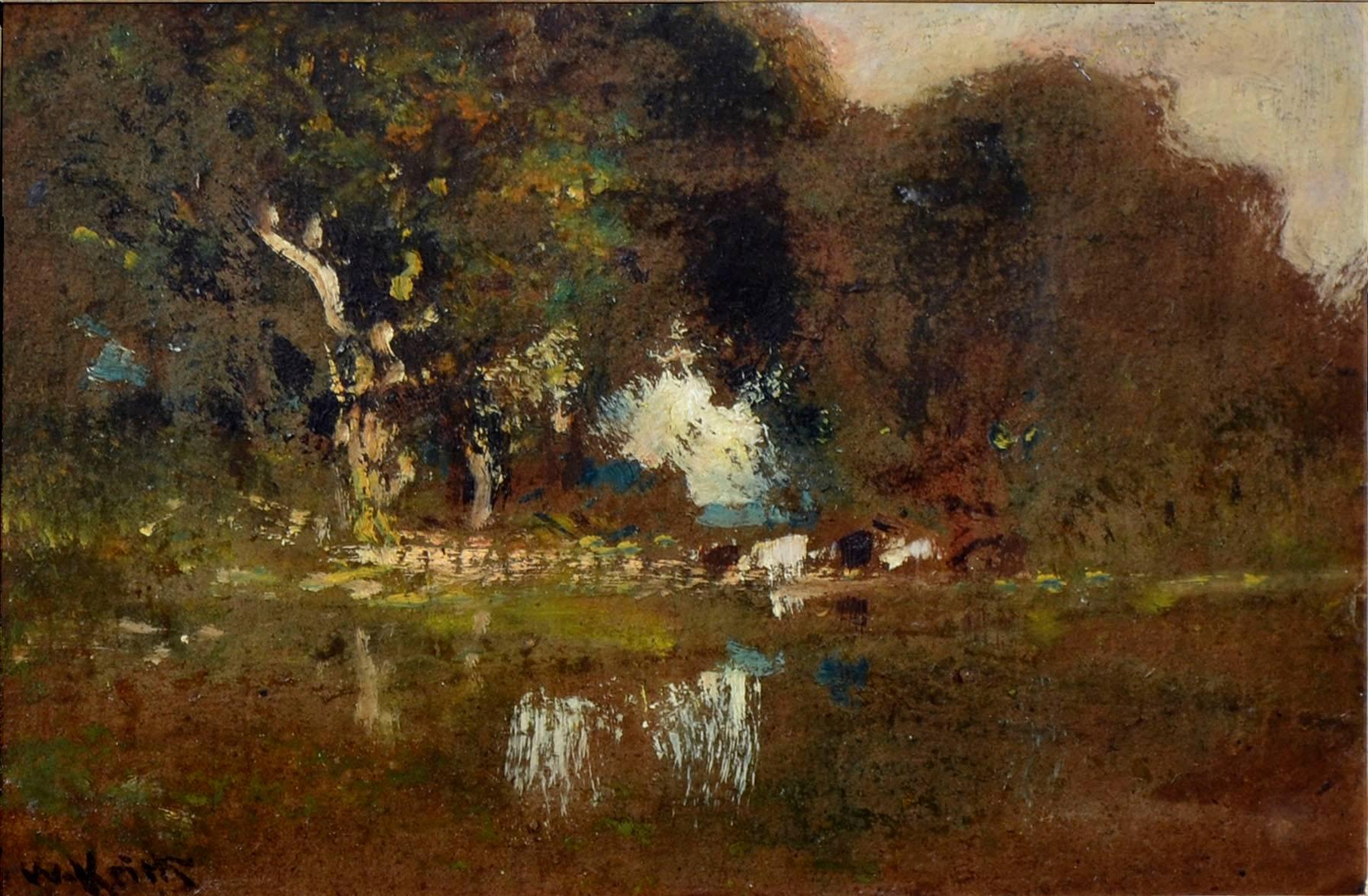 Bouteille par étang au crépuscule, paysage tonaliste du milieu du 19e siècle par William Keith en vente 1