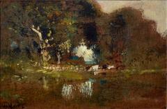 Cattle By Pond At Dusk, Mid-19th Century Tonalist Landscape by William Keith