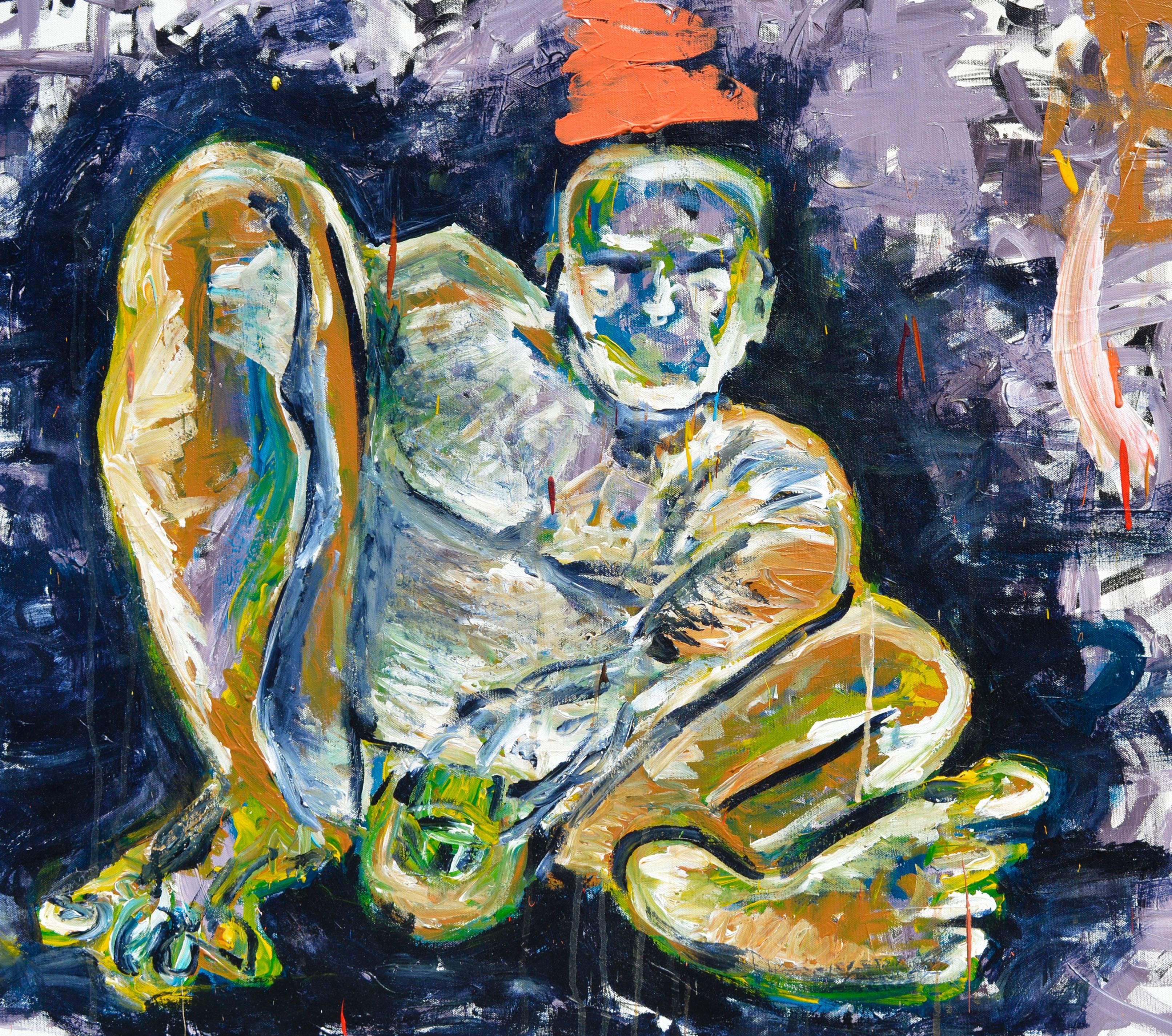 Abstract Expressionist Seated Figure with Clown Hat - Painting by Daniel David Fuentes