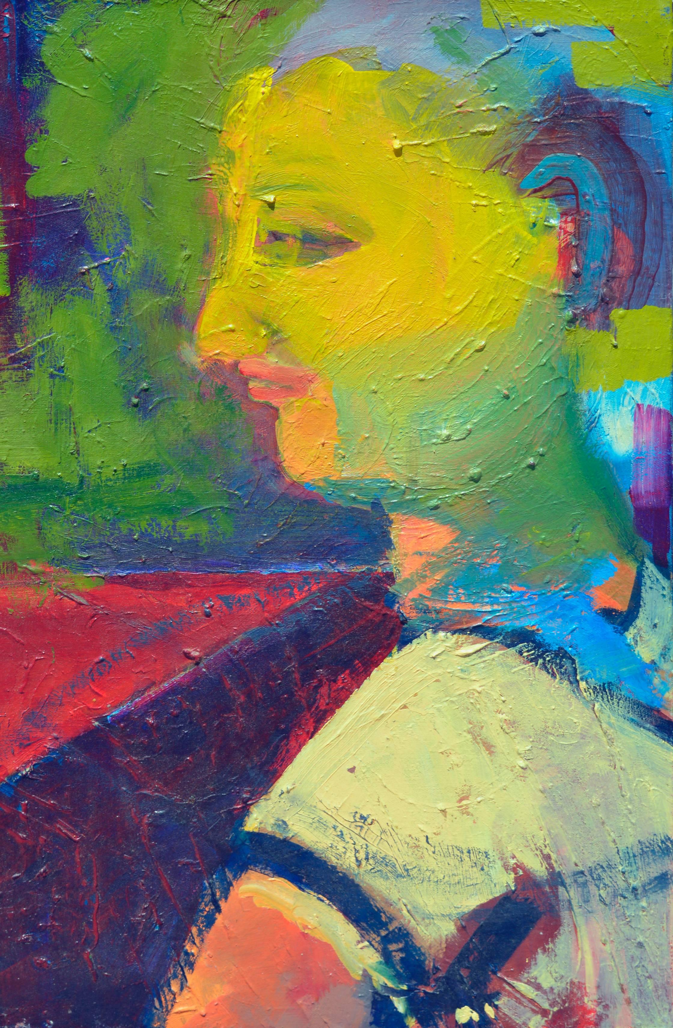 Fauvistisches abstrakt-expressionistisches Porträt, Kind in Hühnergarbe – Painting von Kristin Cohen